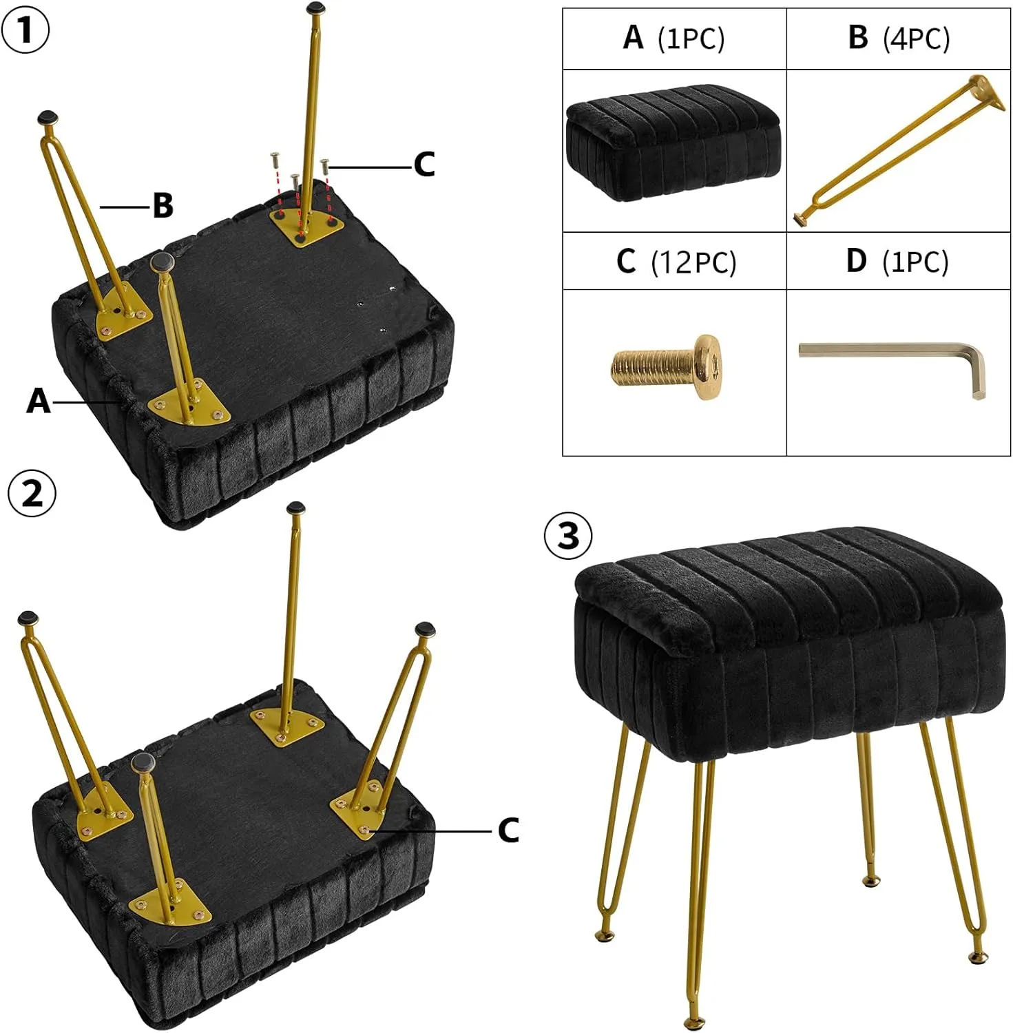 IBUYKE Stool Chair with Storage Space, Footrest Footstool Ottoman, Small Side Table, with 4 Metal Legs, with Anti-Slip Feet, for Makeup Room, Bedroom, Black, Faux Fur LG-50B