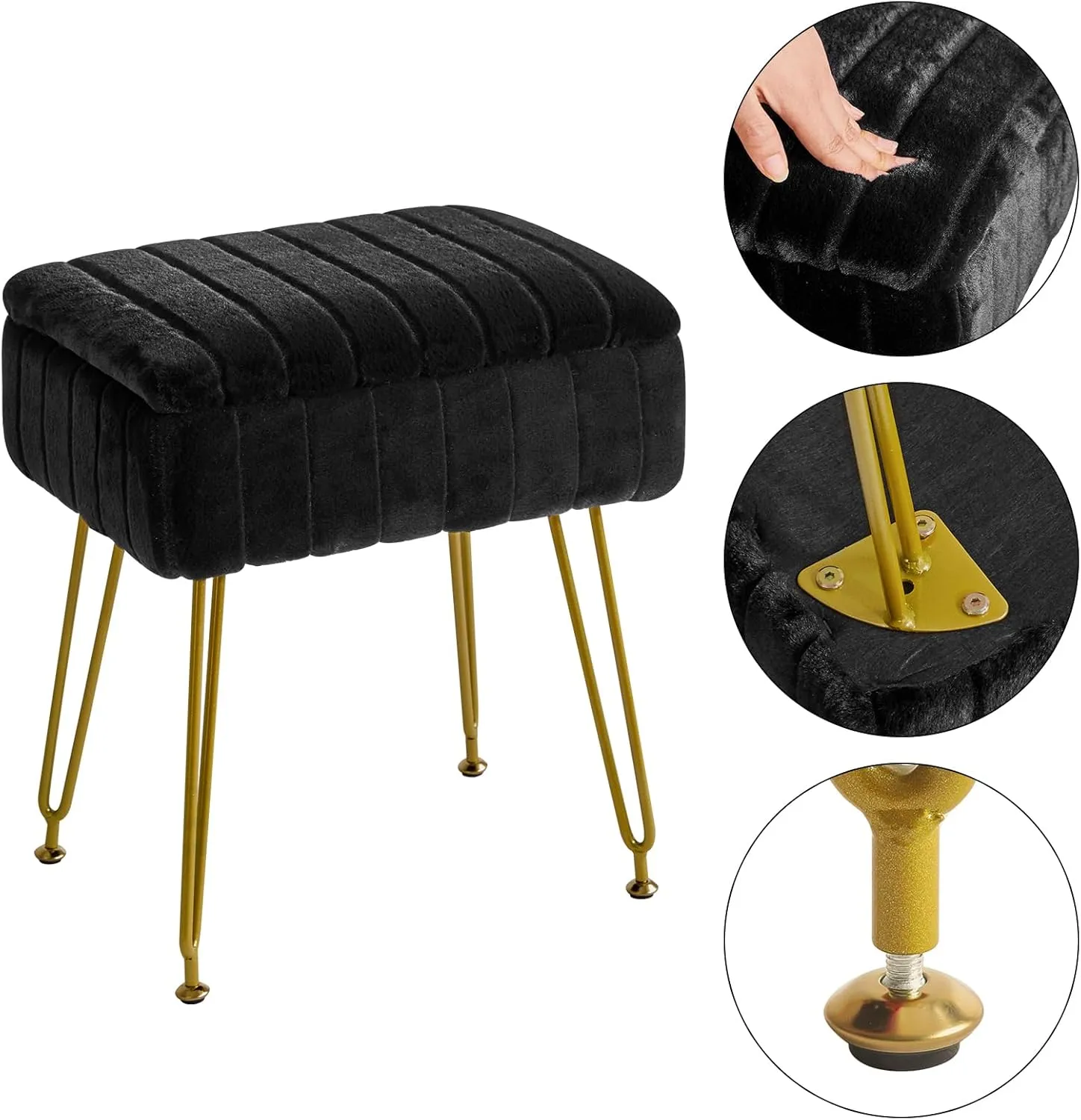 IBUYKE Stool Chair with Storage Space, Footrest Footstool Ottoman, Small Side Table, with 4 Metal Legs, with Anti-Slip Feet, for Makeup Room, Bedroom, Black, Faux Fur LG-50B