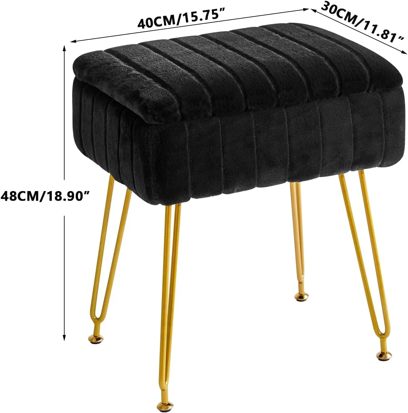 IBUYKE Stool Chair with Storage Space, Footrest Footstool Ottoman, Small Side Table, with 4 Metal Legs, with Anti-Slip Feet, for Makeup Room, Bedroom, Black, Faux Fur LG-50B
