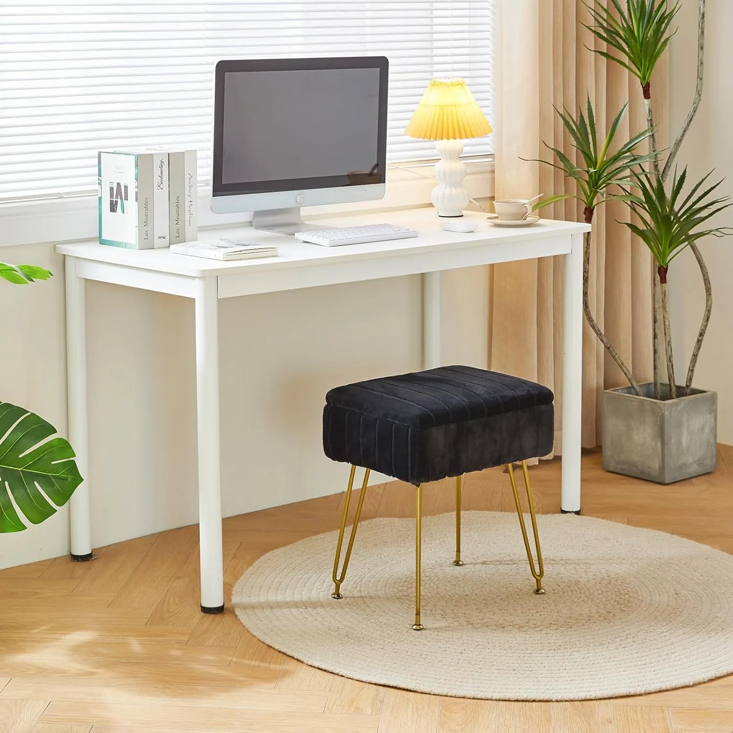 IBUYKE Stool Chair with Storage Space, Footrest Footstool Ottoman, Small Side Table, with 4 Metal Legs, with Anti-Slip Feet, for Makeup Room, Bedroom, Black, Faux Fur LG-50B
