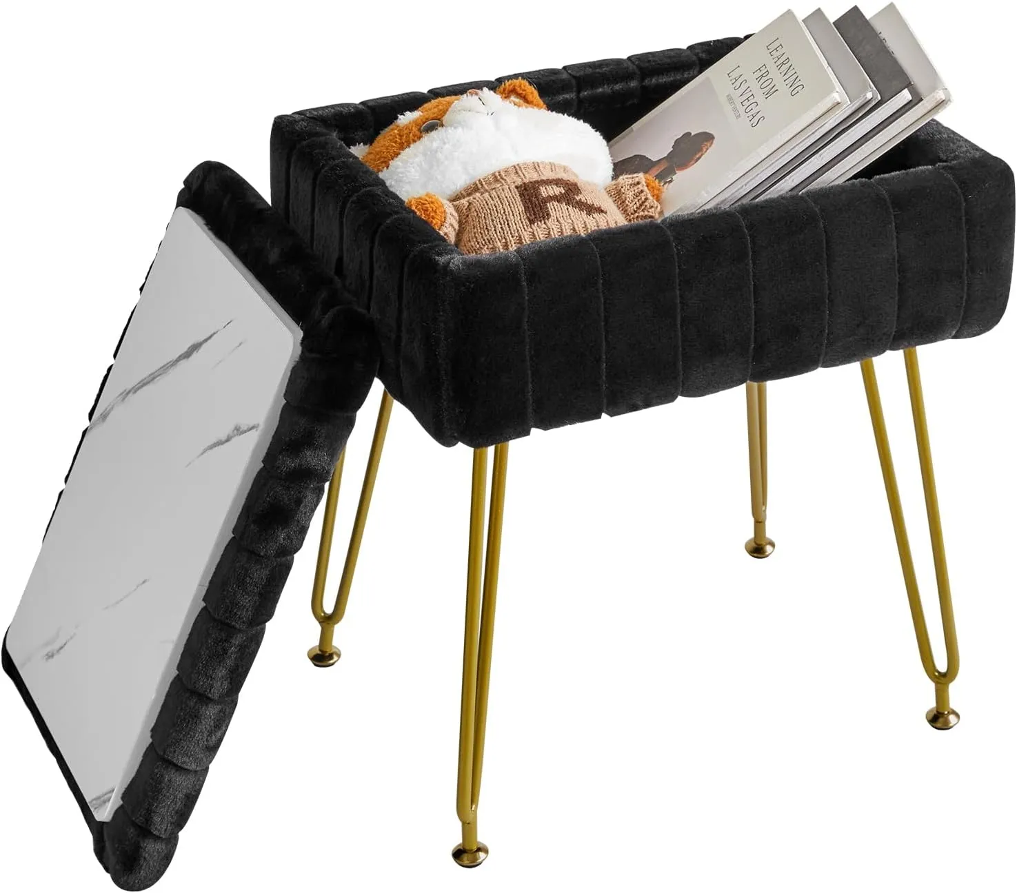 IBUYKE Stool Chair with Storage Space, Footrest Footstool Ottoman, Small Side Table, with 4 Metal Legs, with Anti-Slip Feet, for Makeup Room, Bedroom, Black, Faux Fur LG-50B