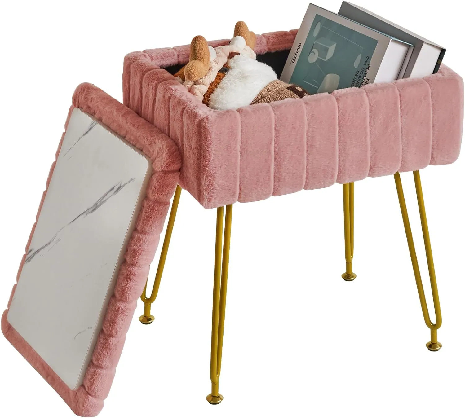 IBUYKE Stool Chair with Storage Space, Footrest Footstool Ottoman, Small Side Table, with 4 Metal Legs, with Anti-Slip Feet, for Makeup Room, Bedroom, Faux Fur, Pink LG-50P