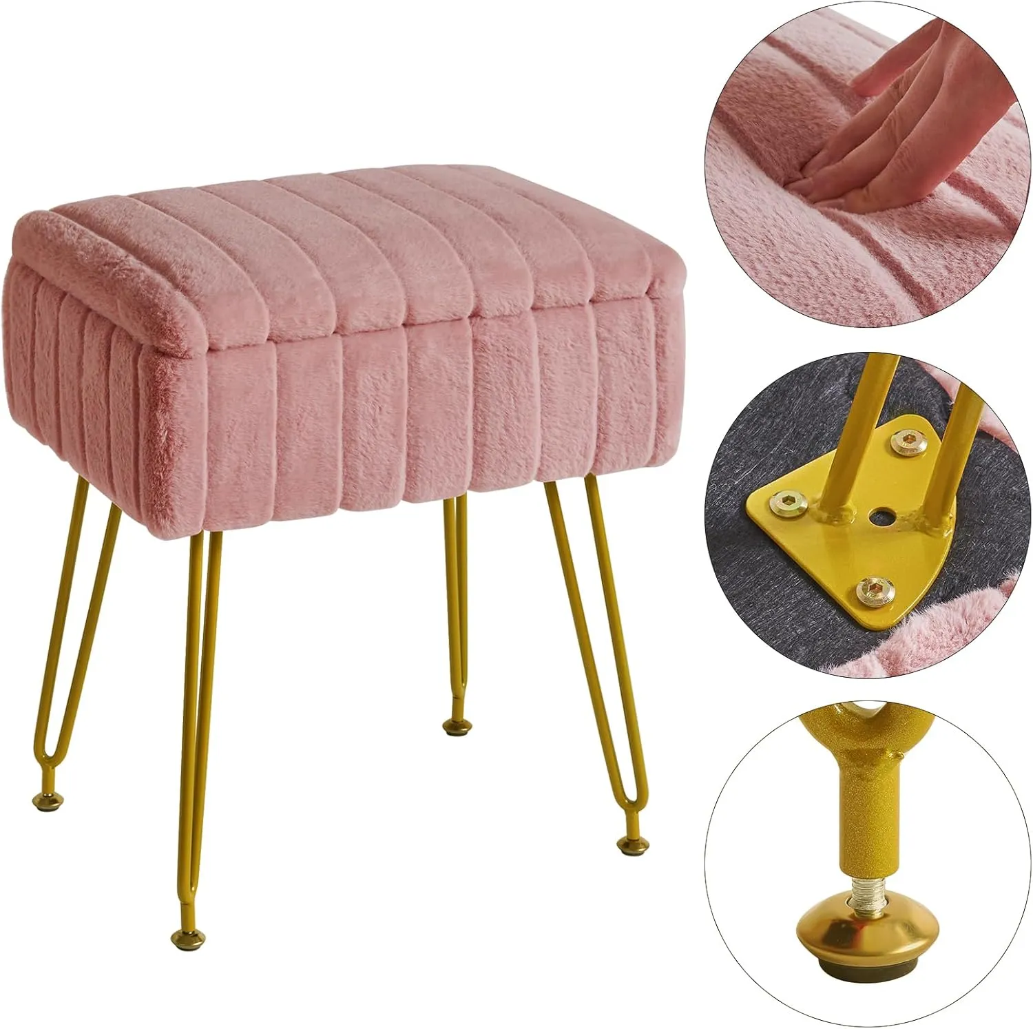 IBUYKE Stool Chair with Storage Space, Footrest Footstool Ottoman, Small Side Table, with 4 Metal Legs, with Anti-Slip Feet, for Makeup Room, Bedroom, Faux Fur, Pink LG-50P