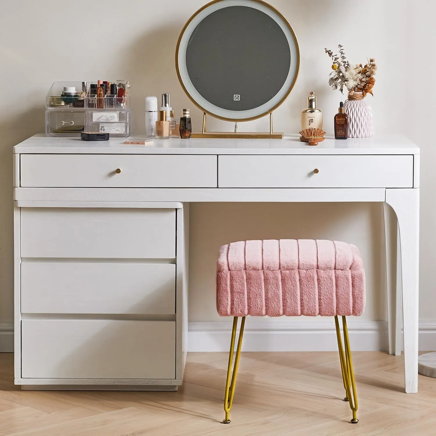 IBUYKE Stool Chair with Storage Space, Footrest Footstool Ottoman, Small Side Table, with 4 Metal Legs, with Anti-Slip Feet, for Makeup Room, Bedroom, Faux Fur, Pink LG-50P
