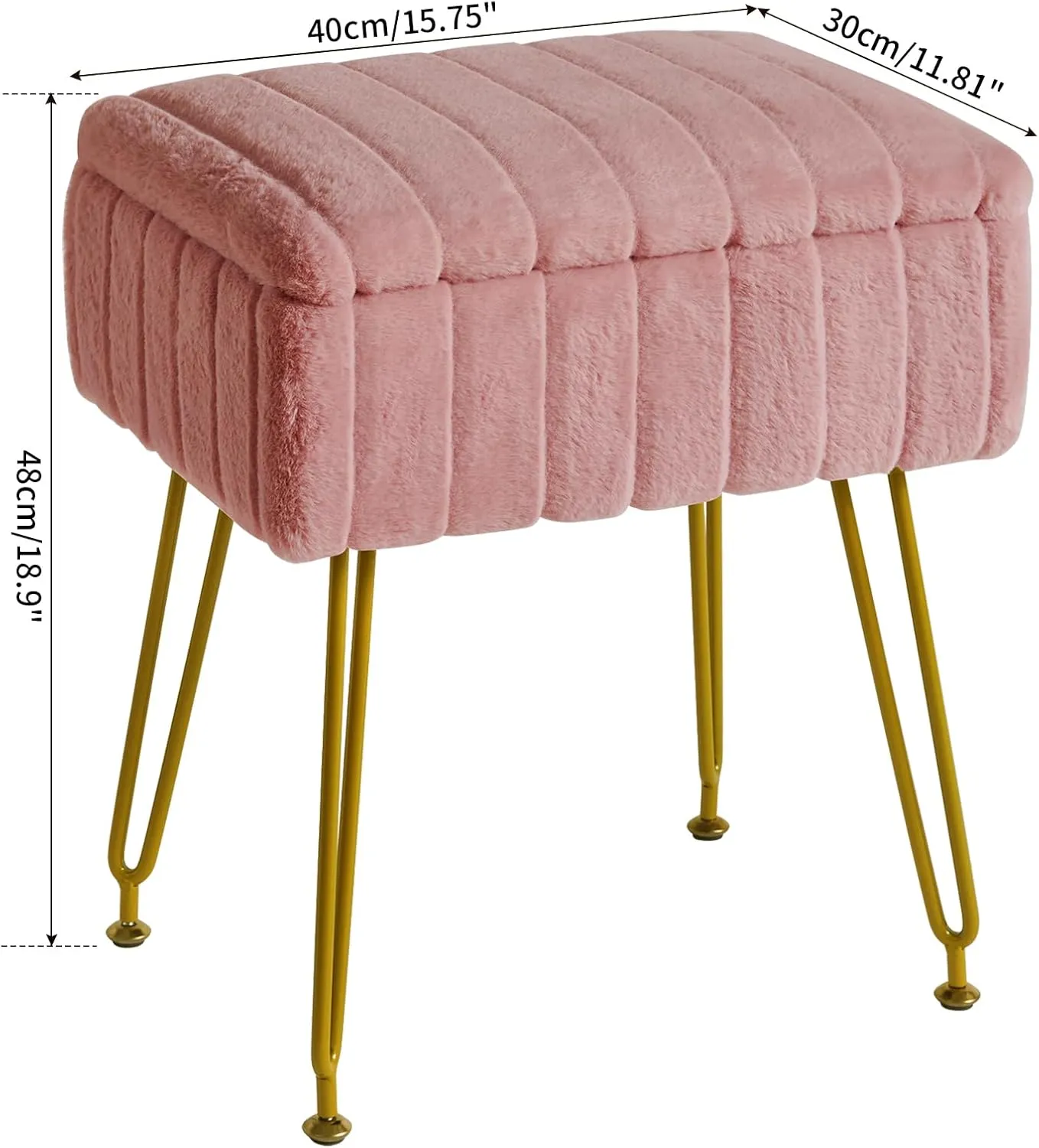 IBUYKE Stool Chair with Storage Space, Footrest Footstool Ottoman, Small Side Table, with 4 Metal Legs, with Anti-Slip Feet, for Makeup Room, Bedroom, Faux Fur, Pink LG-50P