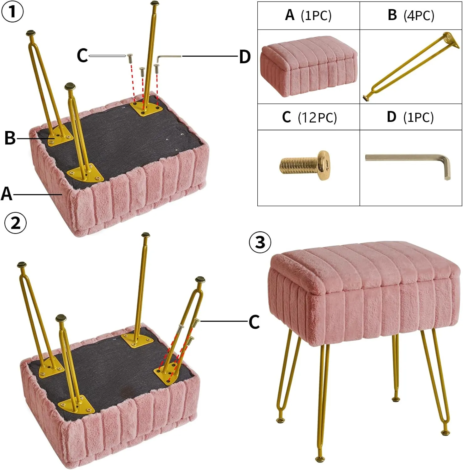 IBUYKE Stool Chair with Storage Space, Footrest Footstool Ottoman, Small Side Table, with 4 Metal Legs, with Anti-Slip Feet, for Makeup Room, Bedroom, Faux Fur, Pink LG-50P