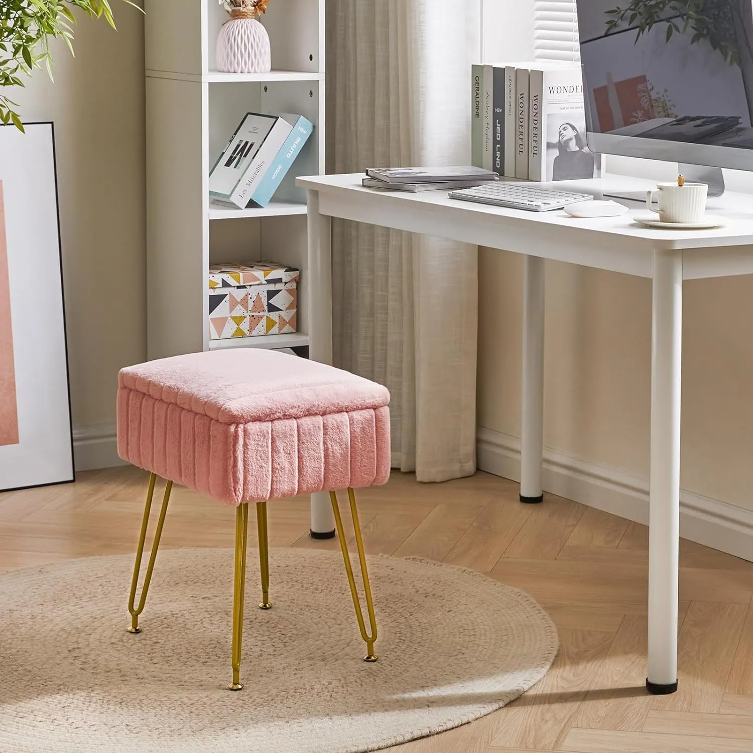 IBUYKE Stool Chair with Storage Space, Footrest Footstool Ottoman, Small Side Table, with 4 Metal Legs, with Anti-Slip Feet, for Makeup Room, Bedroom, Faux Fur, Pink LG-50P