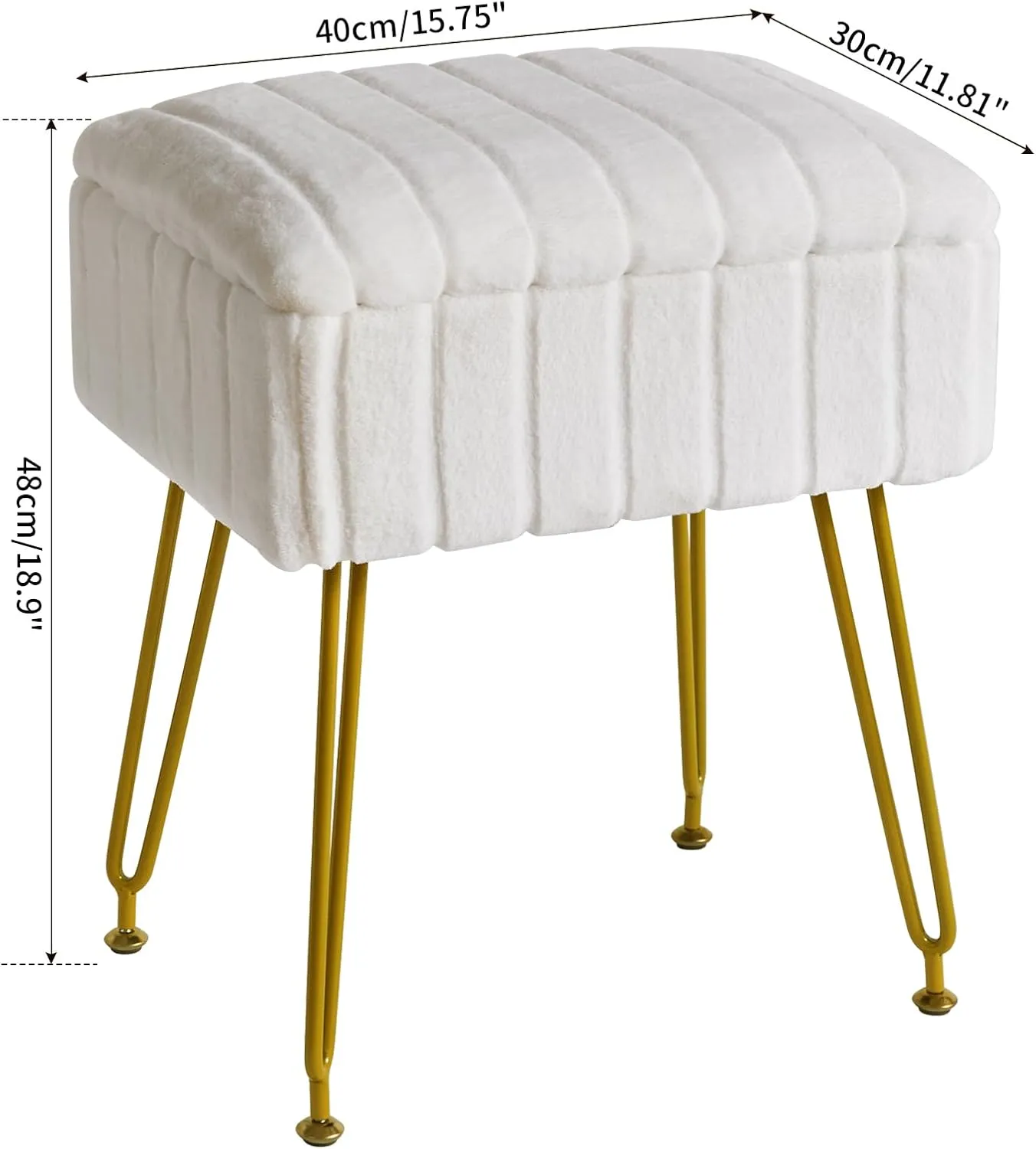 IBUYKE Stool Chair with Storage Space, Footrest Footstool Ottoman, Small Side Table, with 4 Metal Legs, with Anti-Slip Feet, for Makeup Room, Bedroom, White, Faux Fur LG-50W