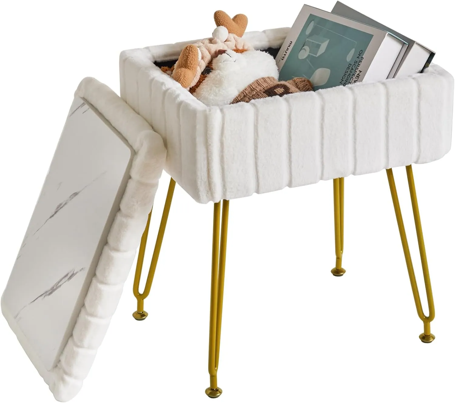 IBUYKE Stool Chair with Storage Space, Footrest Footstool Ottoman, Small Side Table, with 4 Metal Legs, with Anti-Slip Feet, for Makeup Room, Bedroom, White, Faux Fur LG-50W