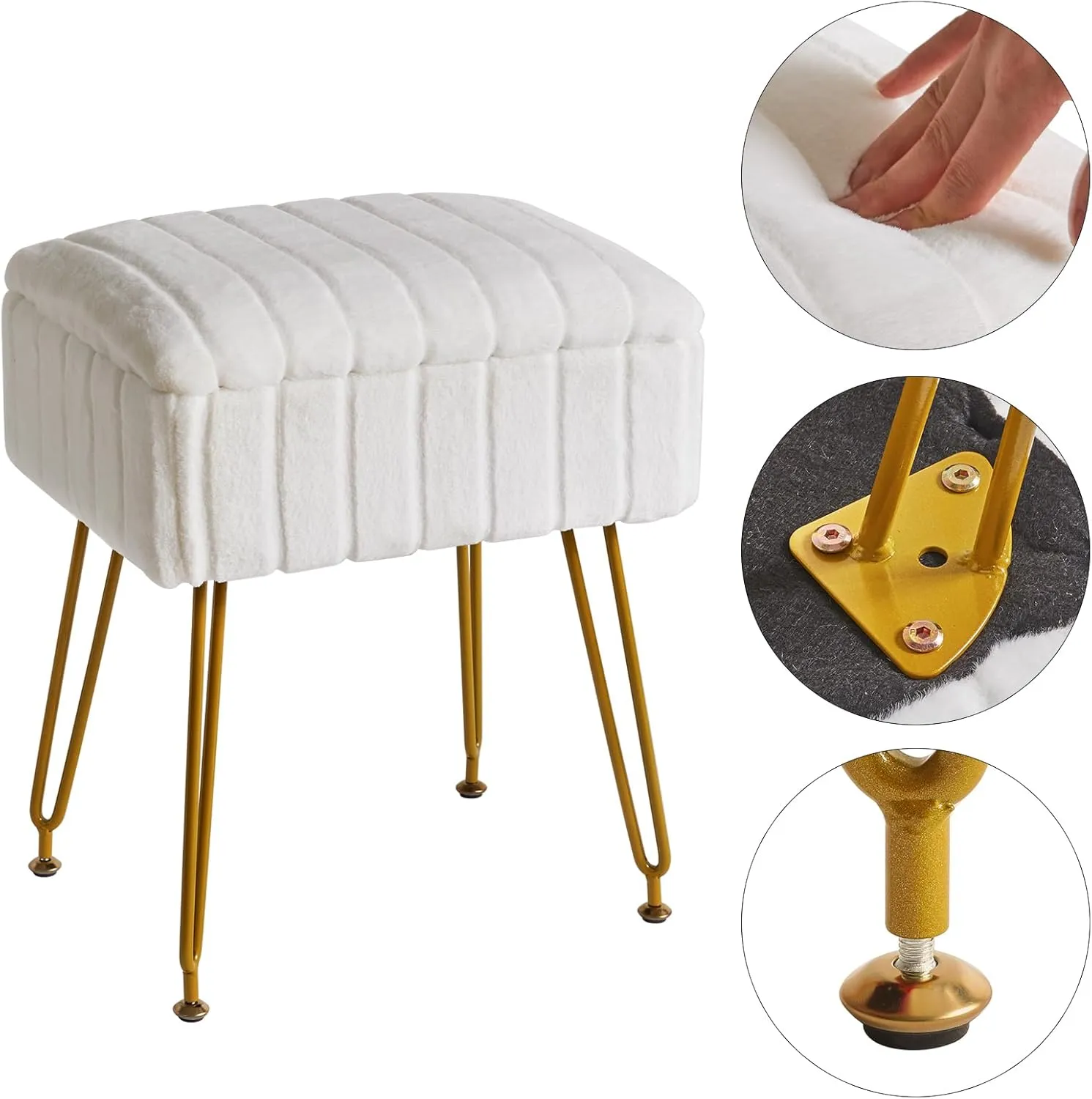 IBUYKE Stool Chair with Storage Space, Footrest Footstool Ottoman, Small Side Table, with 4 Metal Legs, with Anti-Slip Feet, for Makeup Room, Bedroom, White, Faux Fur LG-50W