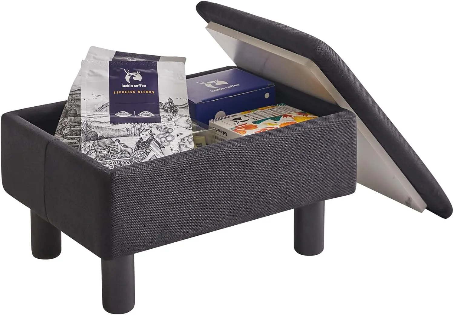 IBUYKE Storage Ottoman Footrest Stool with Linen Fabric, Rectangular, Flip Top Lid, Non-Slip Feet, Compact Design, Stylish and Functional, Black RF-BD220