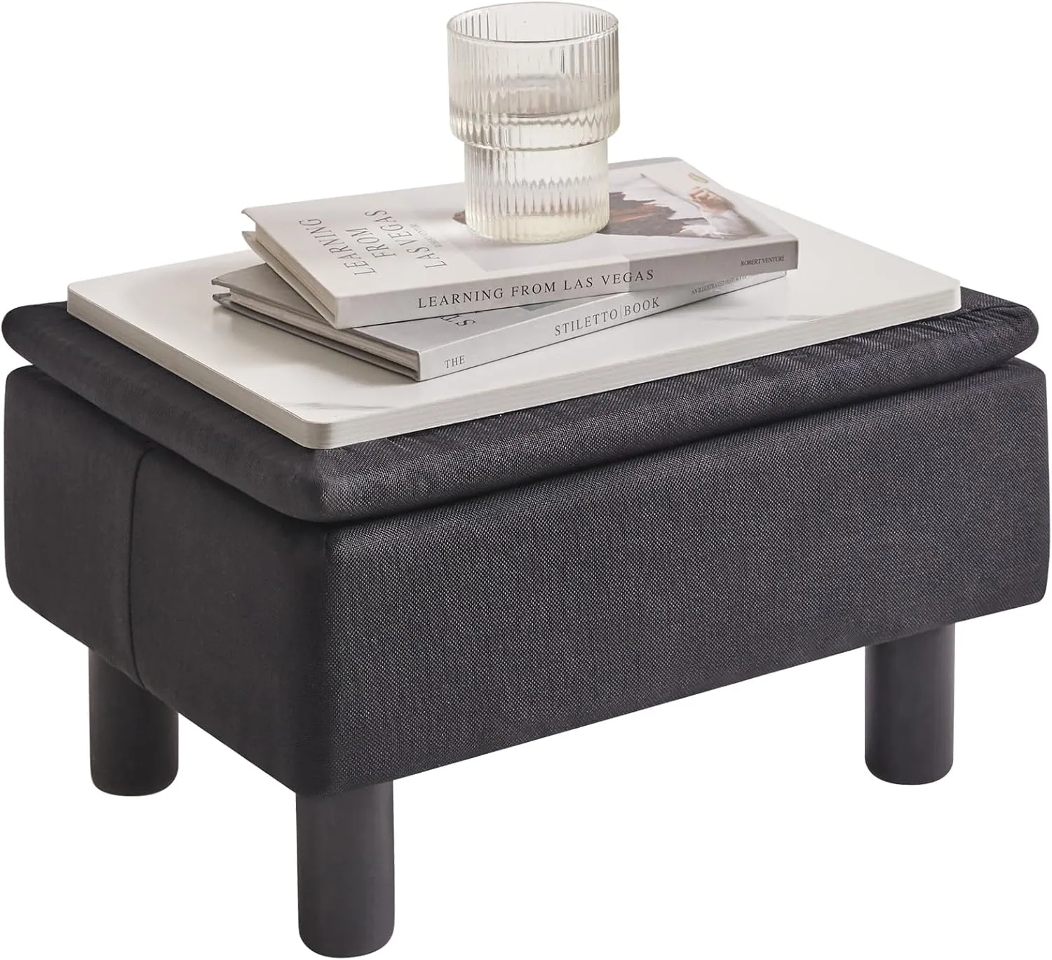 IBUYKE Storage Ottoman Footrest Stool with Linen Fabric, Rectangular, Flip Top Lid, Non-Slip Feet, Compact Design, Stylish and Functional, Black RF-BD220