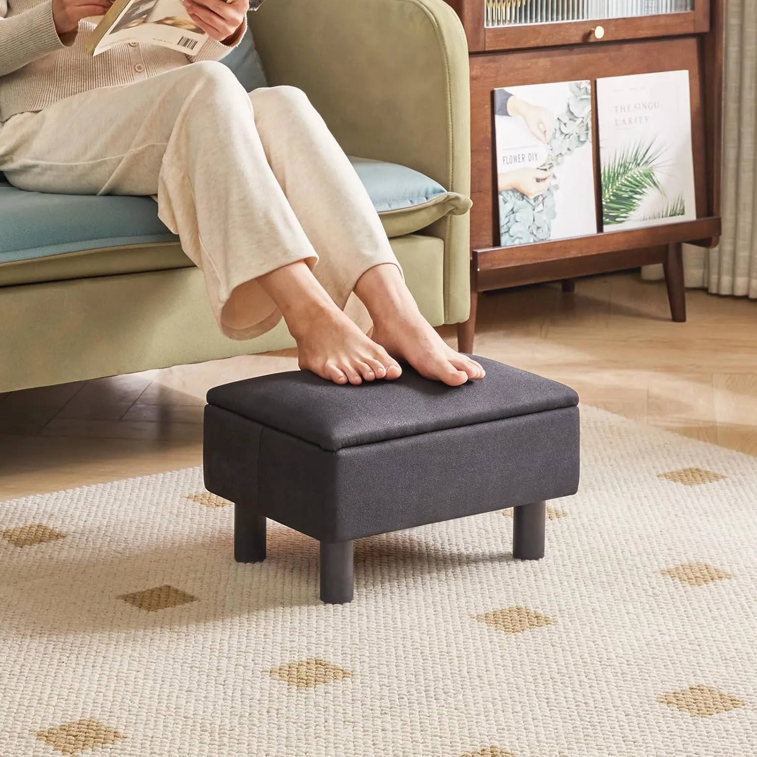 IBUYKE Storage Ottoman Footrest Stool with Linen Fabric, Rectangular, Flip Top Lid, Non-Slip Feet, Compact Design, Stylish and Functional, Black RF-BD220