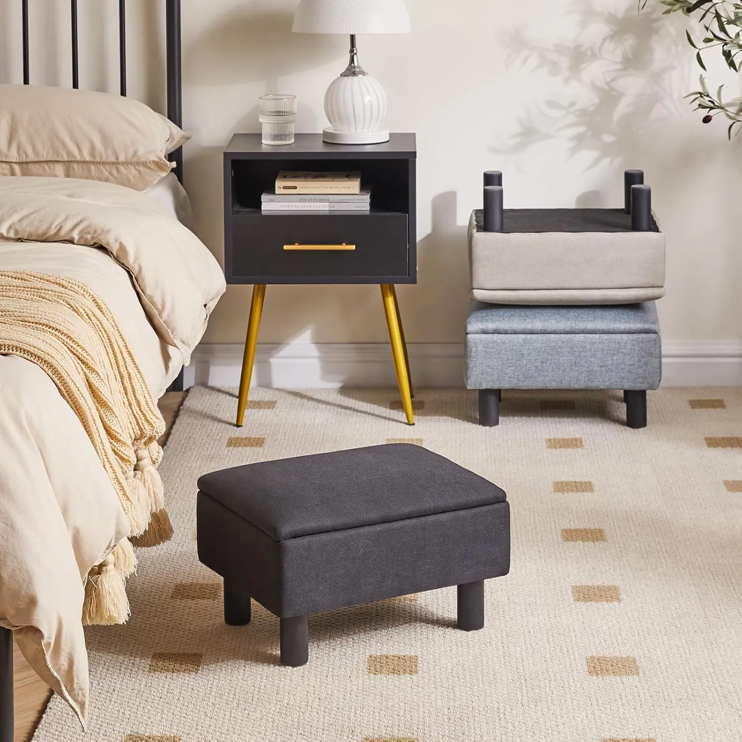IBUYKE Storage Ottoman Footrest Stool with Linen Fabric, Rectangular, Flip Top Lid, Non-Slip Feet, Compact Design, Stylish and Functional, Black RF-BD220