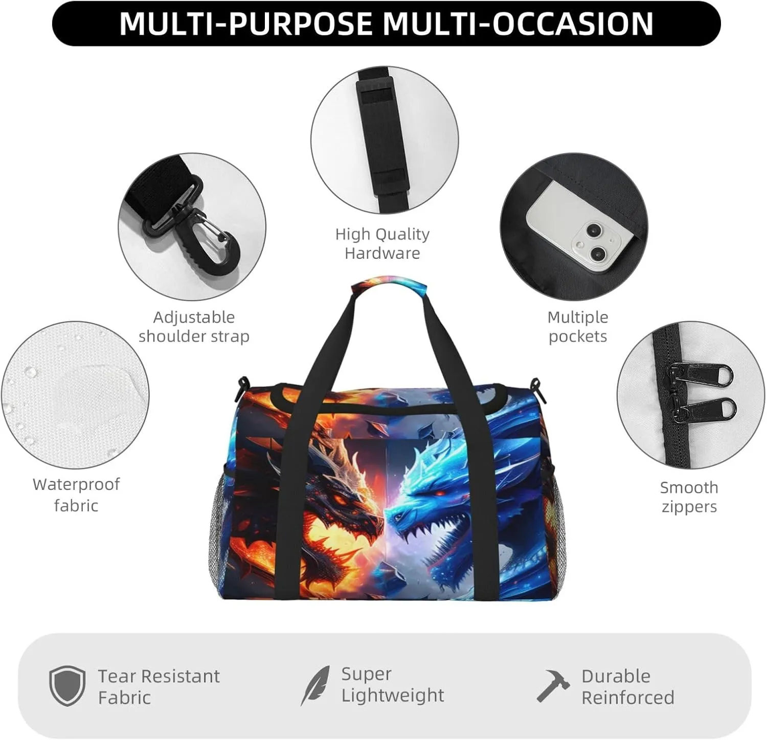 Ice And Fire Dragon Travel Duffel Bag Large Foldable Waterproof Overnight Bag For Beach Swim Bags Pool Sports Gym