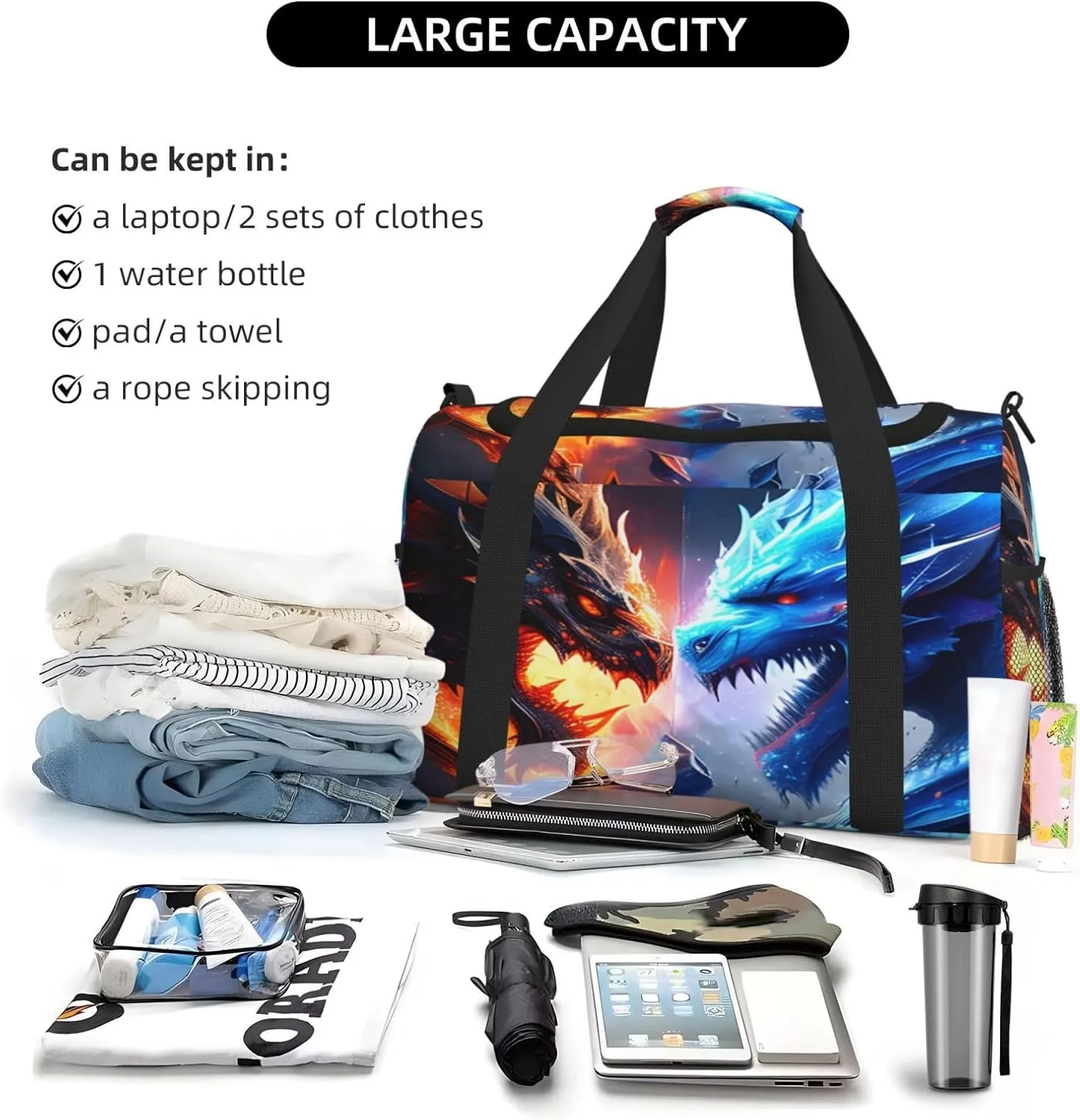 Ice And Fire Dragon Travel Duffel Bag Large Foldable Waterproof Overnight Bag For Beach Swim Bags Pool Sports Gym
