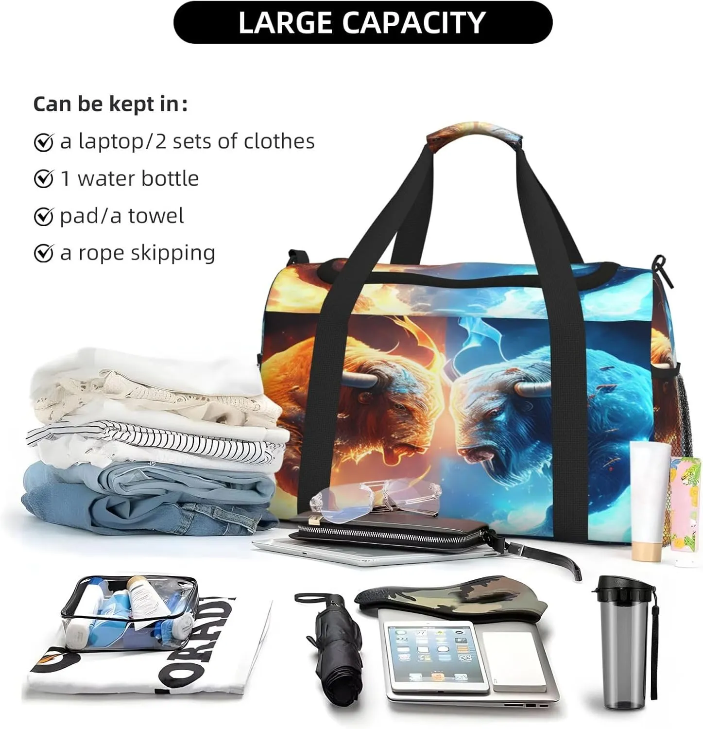 Ice And Fire Ox Travel Duffel Bag Large Foldable Waterproof Overnight Bag For Beach Swim Bags Pool Sports Gym