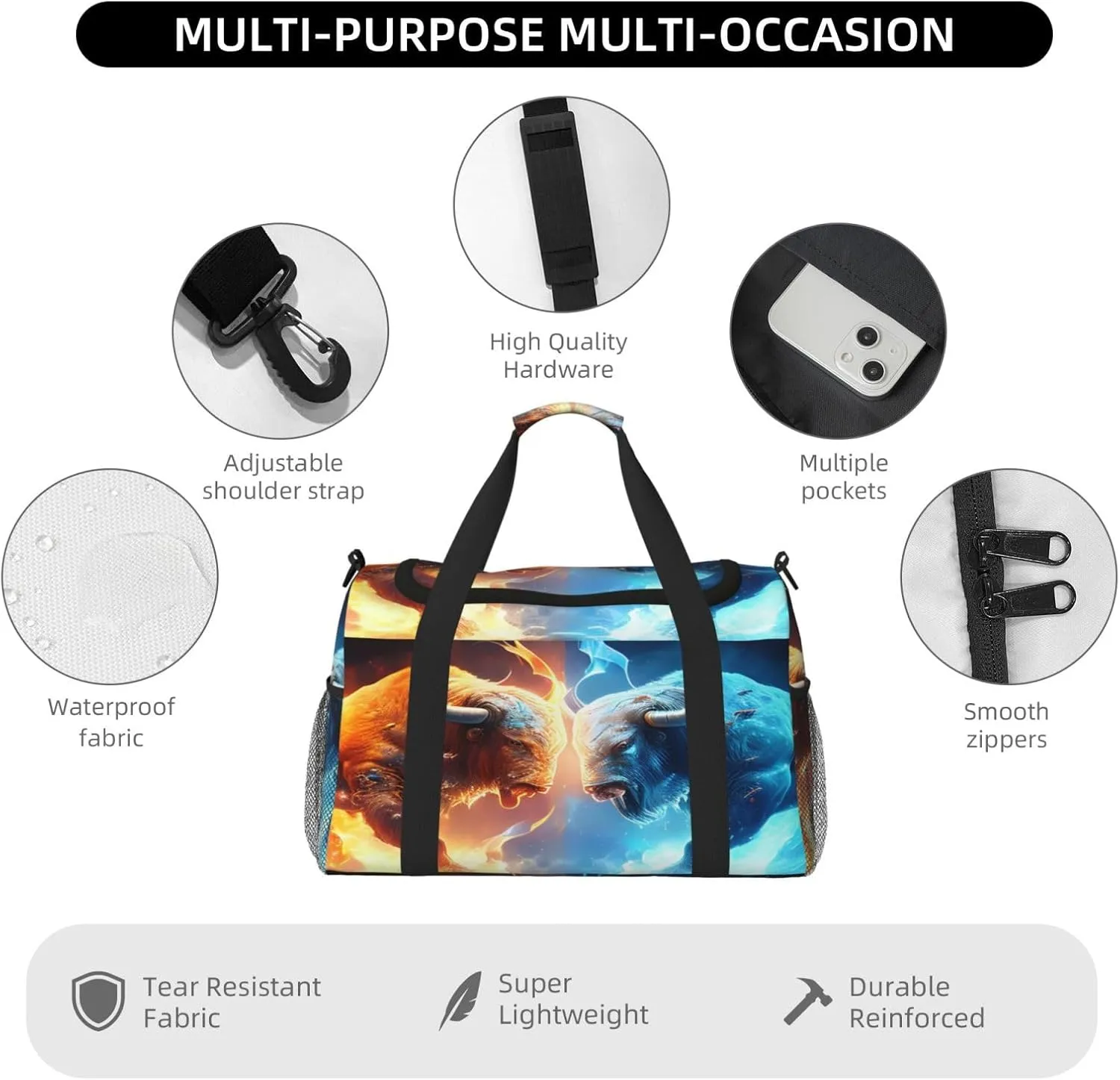 Ice And Fire Ox Travel Duffel Bag Large Foldable Waterproof Overnight Bag For Beach Swim Bags Pool Sports Gym