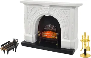 iLAND Dollhouse Furniture and Accessories of Dollhouse Fireplace on 1/12 Scale w/Fire Light & Firewood Rack & Fireplace Tool Kit (Neoclassical 4pcs)