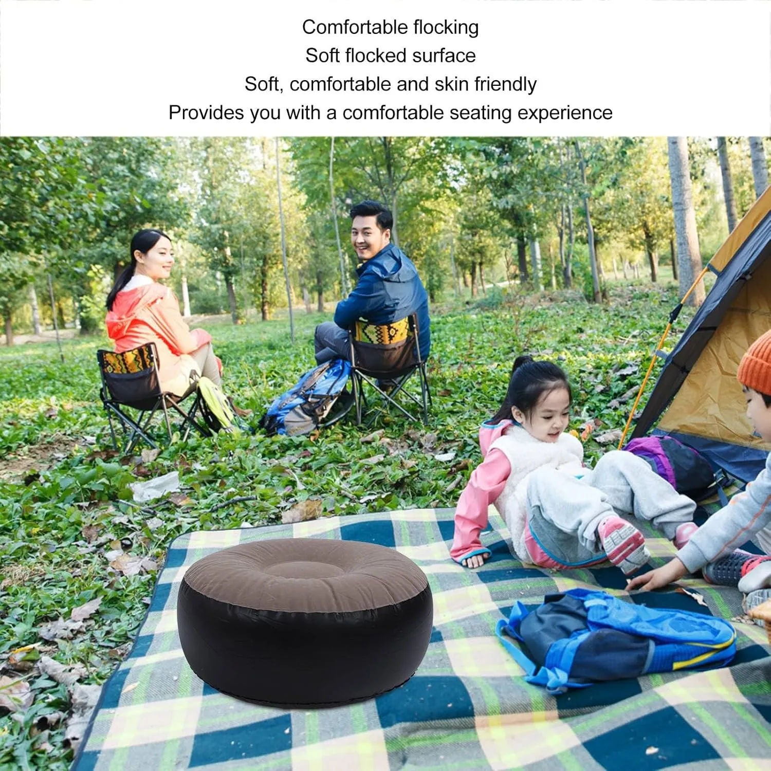 Inflatable Flocking Stool, Multipurpose Lightweight Portable Ergonomic Design, Round Indoor Outdoor Inflatable Stool for Travel Camping Outdoor Activities (Brown)