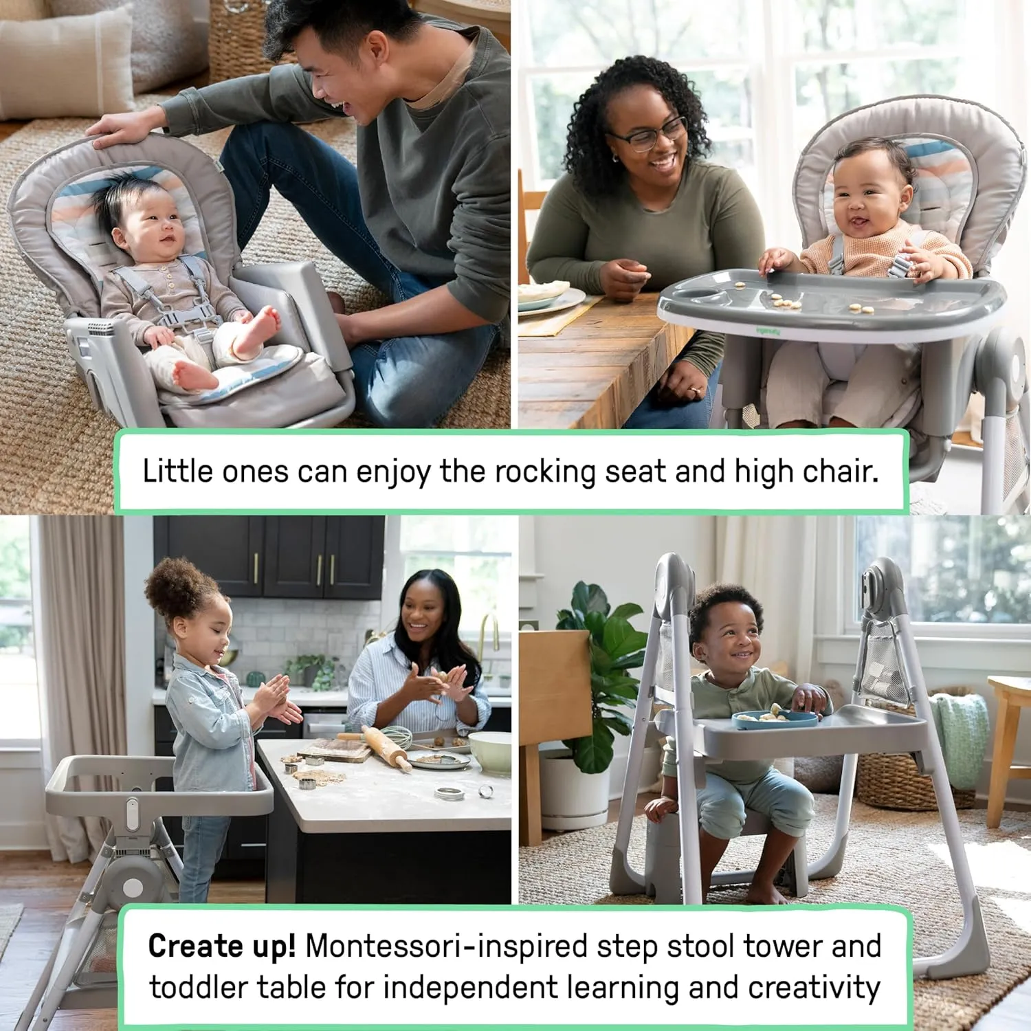 Ingenuity Proper Positioner Create Up Baby High Chair, 9 Modes of Use, Toddler Tower, Table and Chair, Foldable, Adjustable Footrest, 90 Degree Posture Aids Digestion, Ages 0-5 Years - Soulful Skies