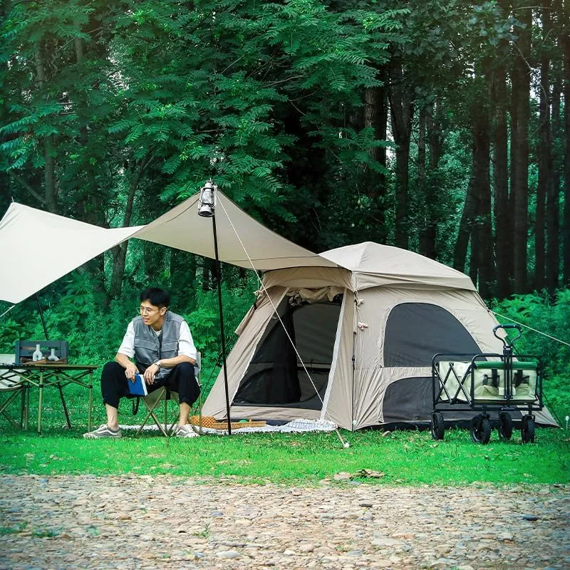Instant Pop-Up Camping Tent Set with Canopy, Outdoor Family Tent with Tarp, Beige
