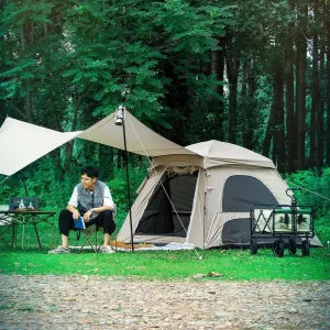 Instant Pop-Up Camping Tent Set with Canopy, Outdoor Family Tent with Tarp, Beige