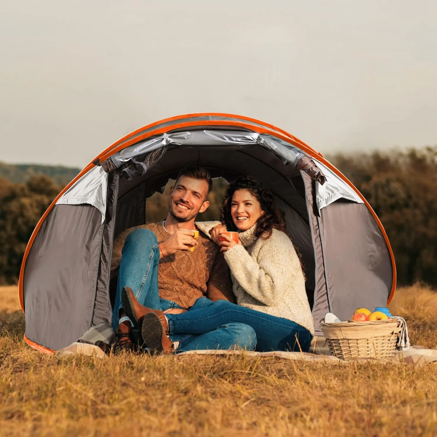 Instant Pop Up Tent 5-8 Person Family Camping Shelter with 4 Mesh Windows, Waterproof & Portable for Outdoor Adventures (Khaki)