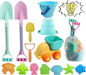 IOKUKI Long Shovels Sand Toys Set with Mesh Bag Including Dump Truck, Beach Buckets, Shovels, Rakes, Molds, Outdoor Beach Toys Tool Kit for Kids, Toddlers, Boys and Girls (15 PCS) Age 3 