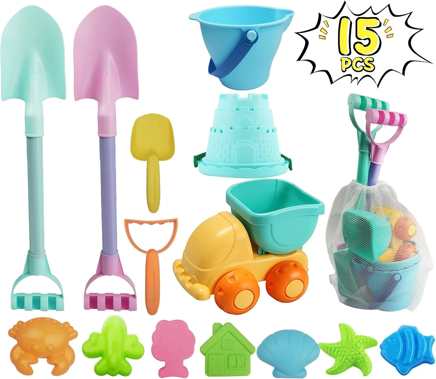 IOKUKI Long Shovels Sand Toys Set with Mesh Bag Including Dump Truck, Beach Buckets, Shovels, Rakes, Molds, Outdoor Beach Toys Tool Kit for Kids, Toddlers, Boys and Girls (15 PCS) Age 3 