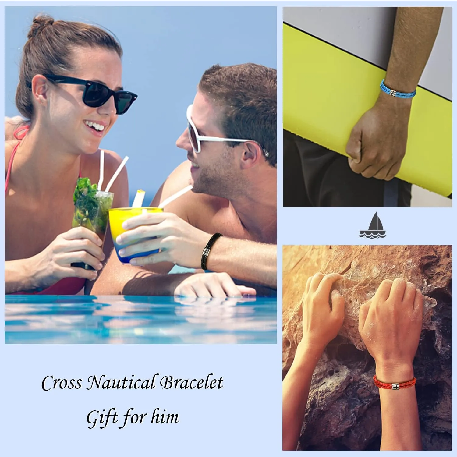 J.Endéar Nautical Bracelet Men Women Cross Jesus Fish, Handmade Paracord 925 Silver Christian Religious Spirit Jewelry for Surfer Sea Enthusiasts, Fathers Day Gift