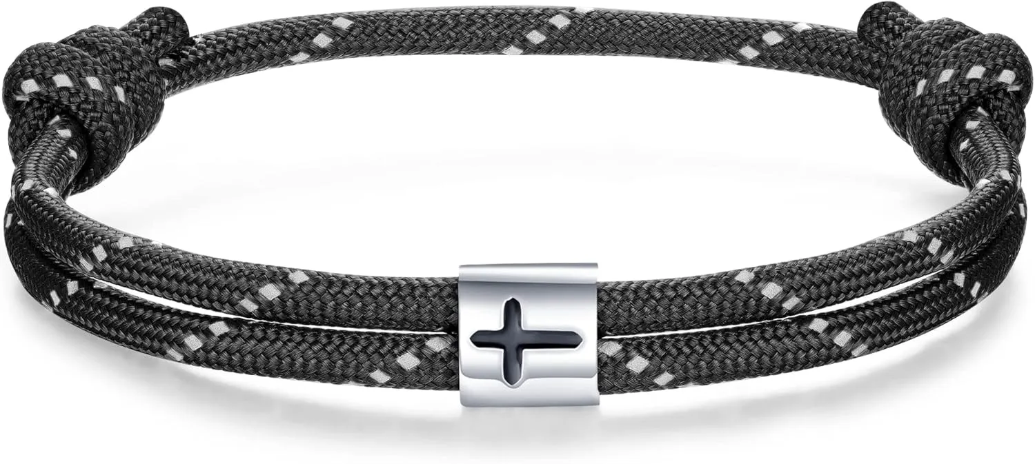 J.Endéar Nautical Bracelet Men Women Cross Jesus Fish, Handmade Paracord 925 Silver Christian Religious Spirit Jewelry for Surfer Sea Enthusiasts, Fathers Day Gift