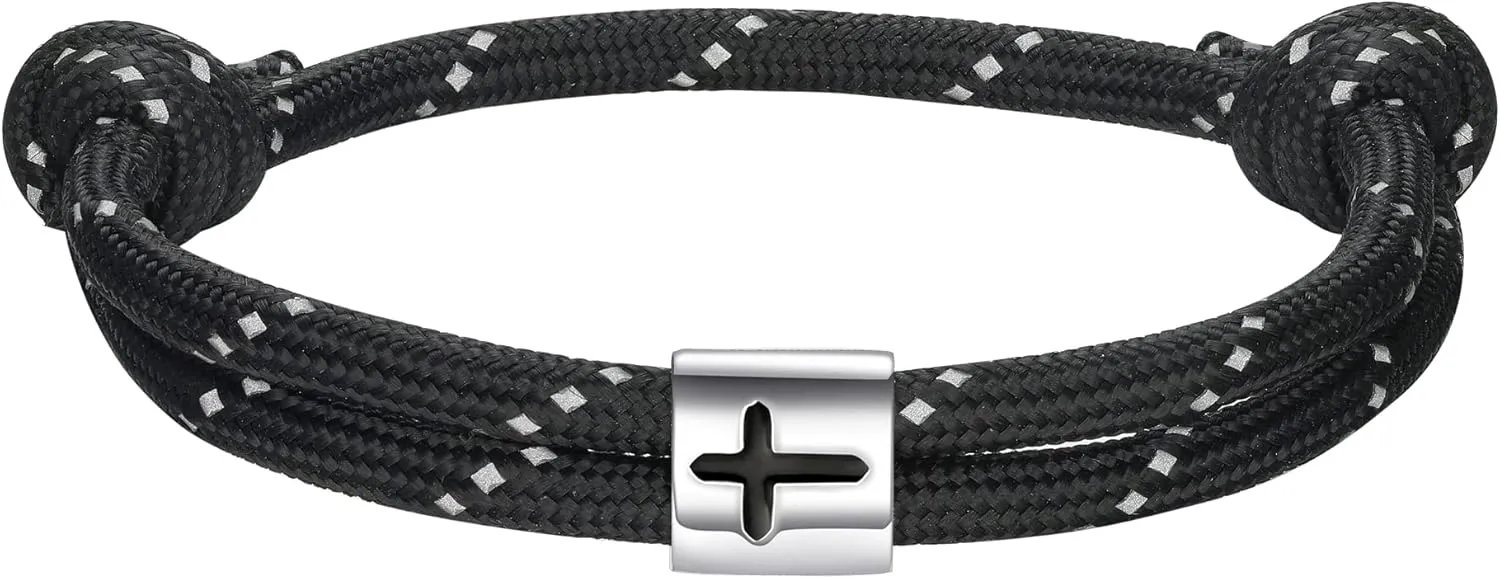 J.Endéar Nautical Bracelet Men Women Cross Jesus Fish, Handmade Paracord 925 Silver Christian Religious Spirit Jewelry for Surfer Sea Enthusiasts, Fathers Day Gift