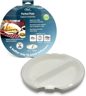 Jokari Microwavable Plant-Based Folding 10.25" Clamshell Plates with Perforated Divider and Locking Tabs, 25 Pack. Keep Bugs and Debris Off Food. Separate, Fold or Combine 2 Dishes for Leftovers (25)