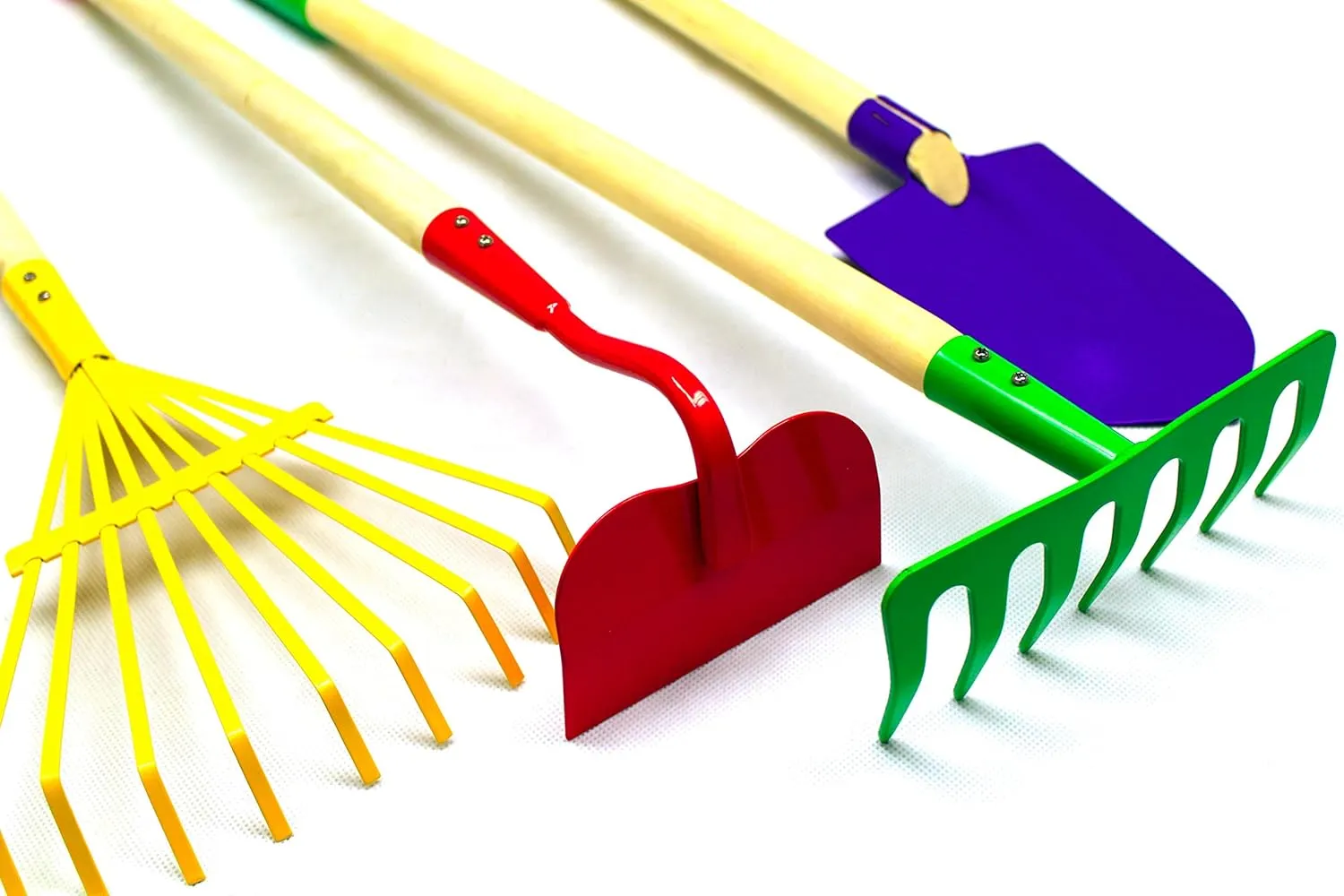 JustForKids Kids Garden Tool Set Toy, Rake, Spade, Hoe and Leaf Rake, reduced size , made of sturdy steel heads and real wood handle, 4-Piece, Multicolored, 5yr 