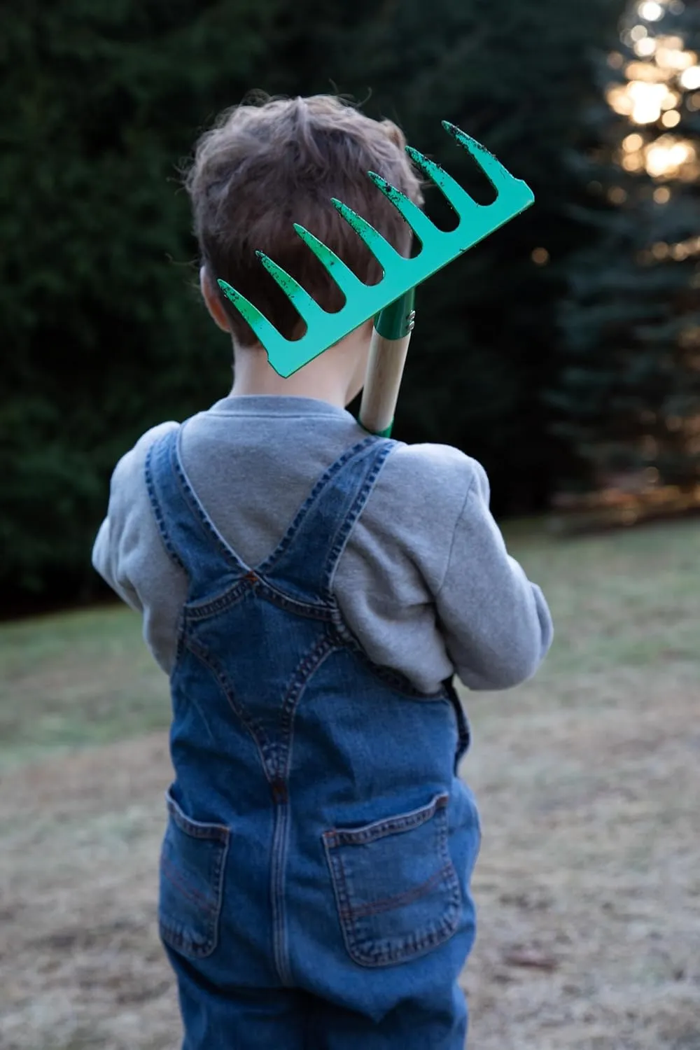 JustForKids Kids Garden Tool Set Toy, Rake, Spade, Hoe and Leaf Rake, reduced size , made of sturdy steel heads and real wood handle, 4-Piece, Multicolored, 5yr 
