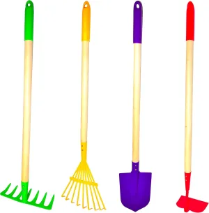 JustForKids Kids Garden Tool Set Toy, Rake, Spade, Hoe and Leaf Rake, reduced size , made of sturdy steel heads and real wood handle, 4-Piece, Multicolored, 5yr 