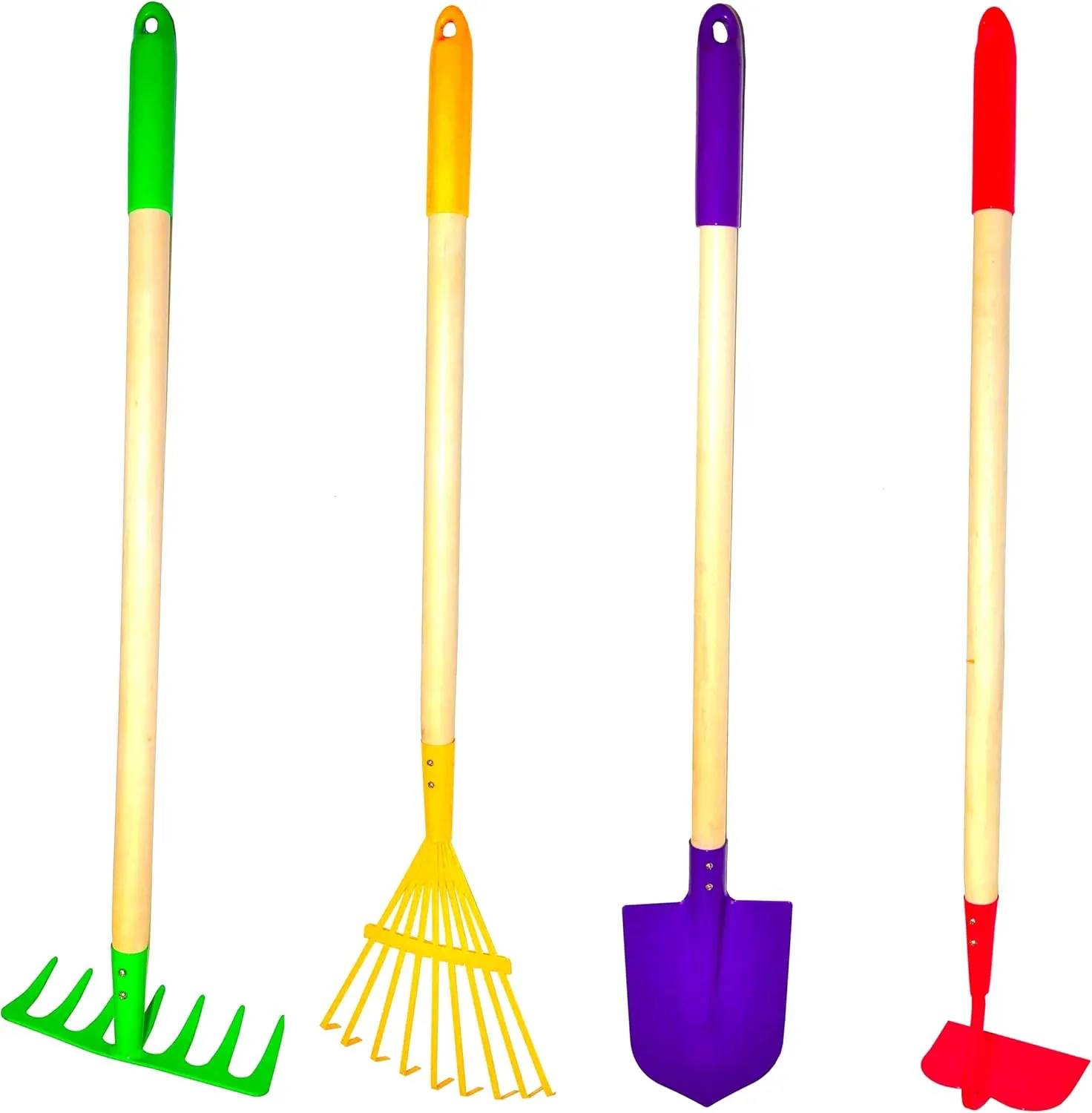 JustForKids Kids Garden Tool Set Toy, Rake, Spade, Hoe and Leaf Rake, reduced size , made of sturdy steel heads and real wood handle, 4-Piece, Multicolored, 5yr 