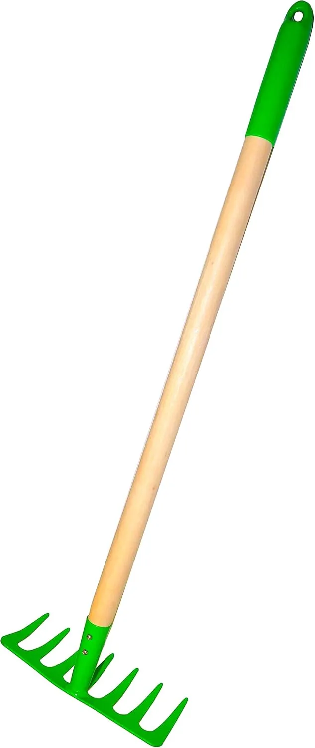 JustForKids Kids Garden Tool Set Toy, Rake, Spade, Hoe and Leaf Rake, reduced size , made of sturdy steel heads and real wood handle, 4-Piece, Multicolored, 5yr 