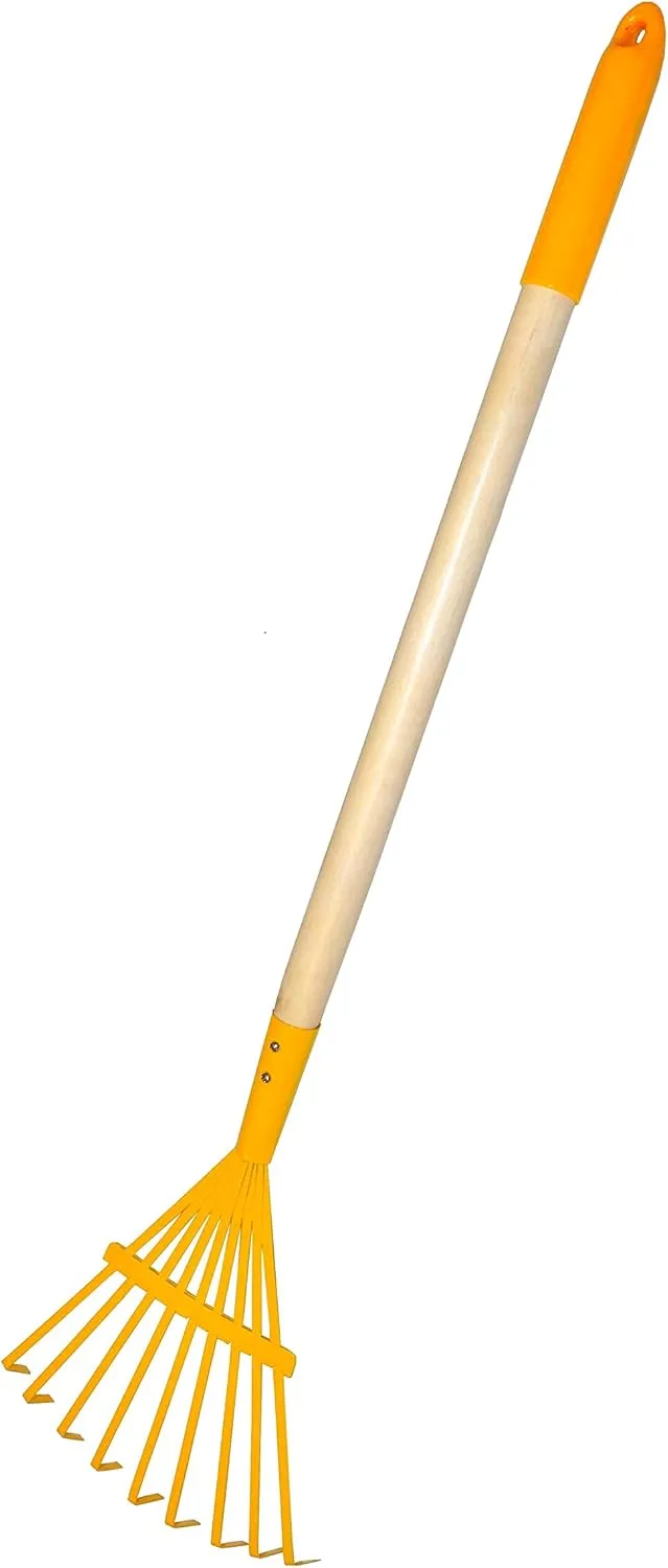 JustForKids Kids Garden Tool Set Toy, Rake, Spade, Hoe and Leaf Rake, reduced size , made of sturdy steel heads and real wood handle, 4-Piece, Multicolored, 5yr 