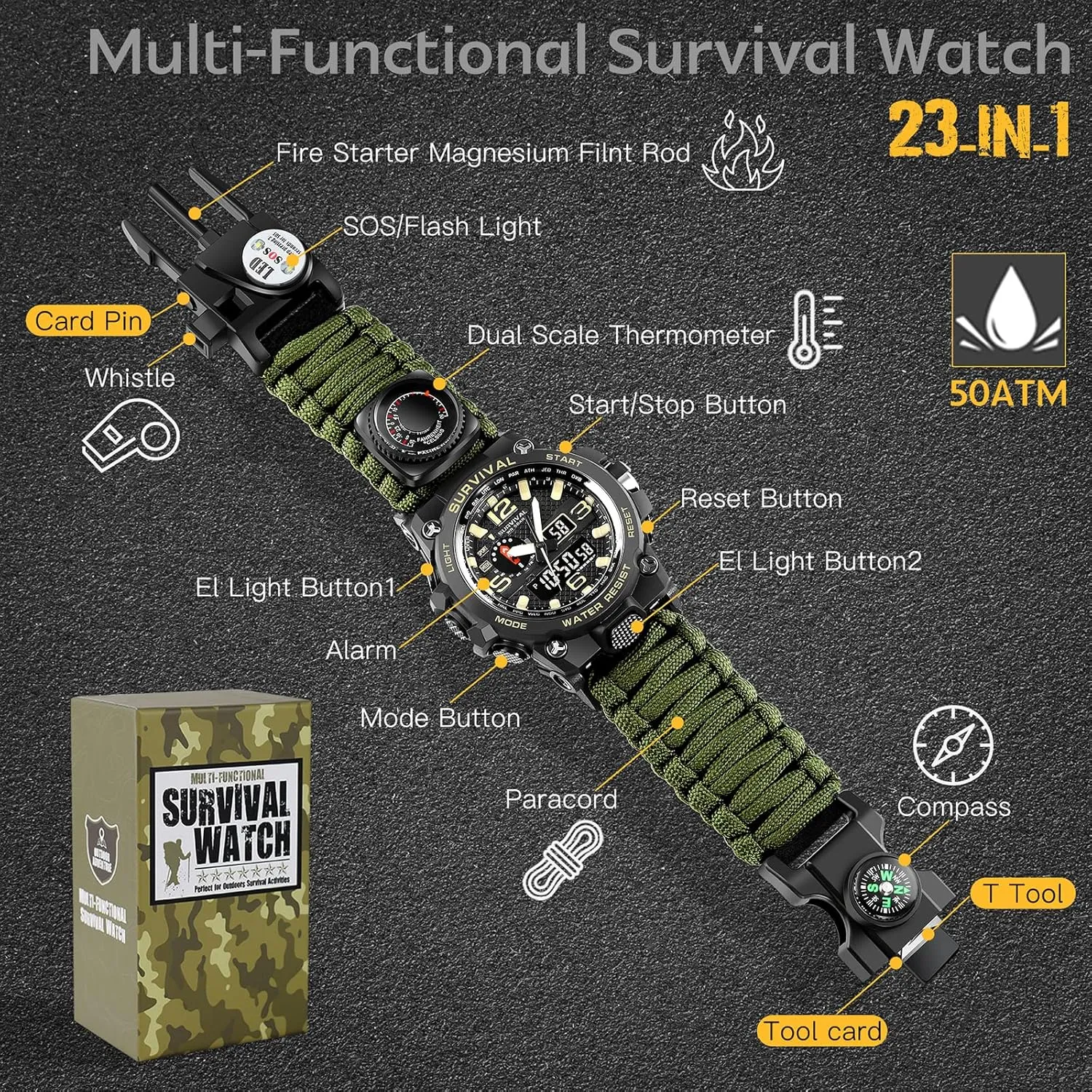 Kavie 23-in-1 Military Tactical Watch for Men, Multifunctional Outdoors Waterproof Survival Watches with Compass Whistle Fire Starter and Thermometer, Paracord Watch Bracelets with Outdoor Army Gear