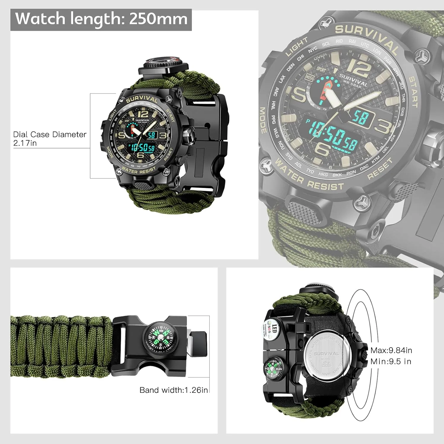 Kavie 23-in-1 Military Tactical Watch for Men, Multifunctional Outdoors Waterproof Survival Watches with Compass Whistle Fire Starter and Thermometer, Paracord Watch Bracelets with Outdoor Army Gear