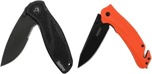 Kershaw Blur,Black Serrated(1670BLKST); Folding Knife with All-Black Body & Barricade (8650) Orange Multifunction Rescue Pocket Knife