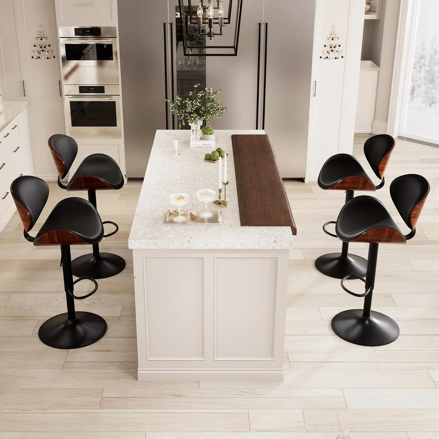Kidol & Shellder Black 4 Large Bar Stools with Back 21" Wide Modern Swivel Adjustable Height Bar Chairs with Footrest PU Leather Upholstered Bentwood Barstools for Kitchen Counter Island 330LBS Load