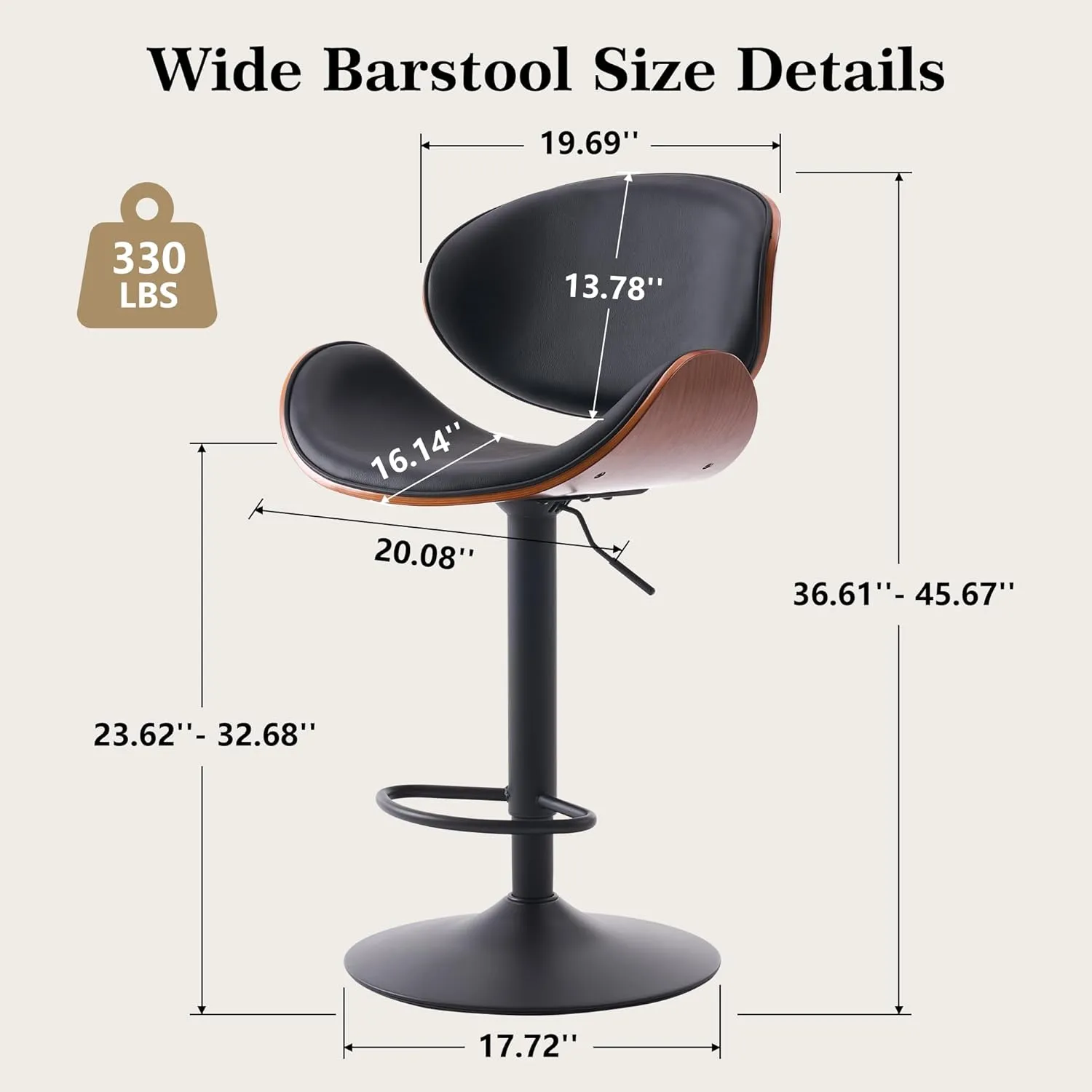 Kidol & Shellder Black 4 Large Bar Stools with Back 21" Wide Modern Swivel Adjustable Height Bar Chairs with Footrest PU Leather Upholstered Bentwood Barstools for Kitchen Counter Island 330LBS Load