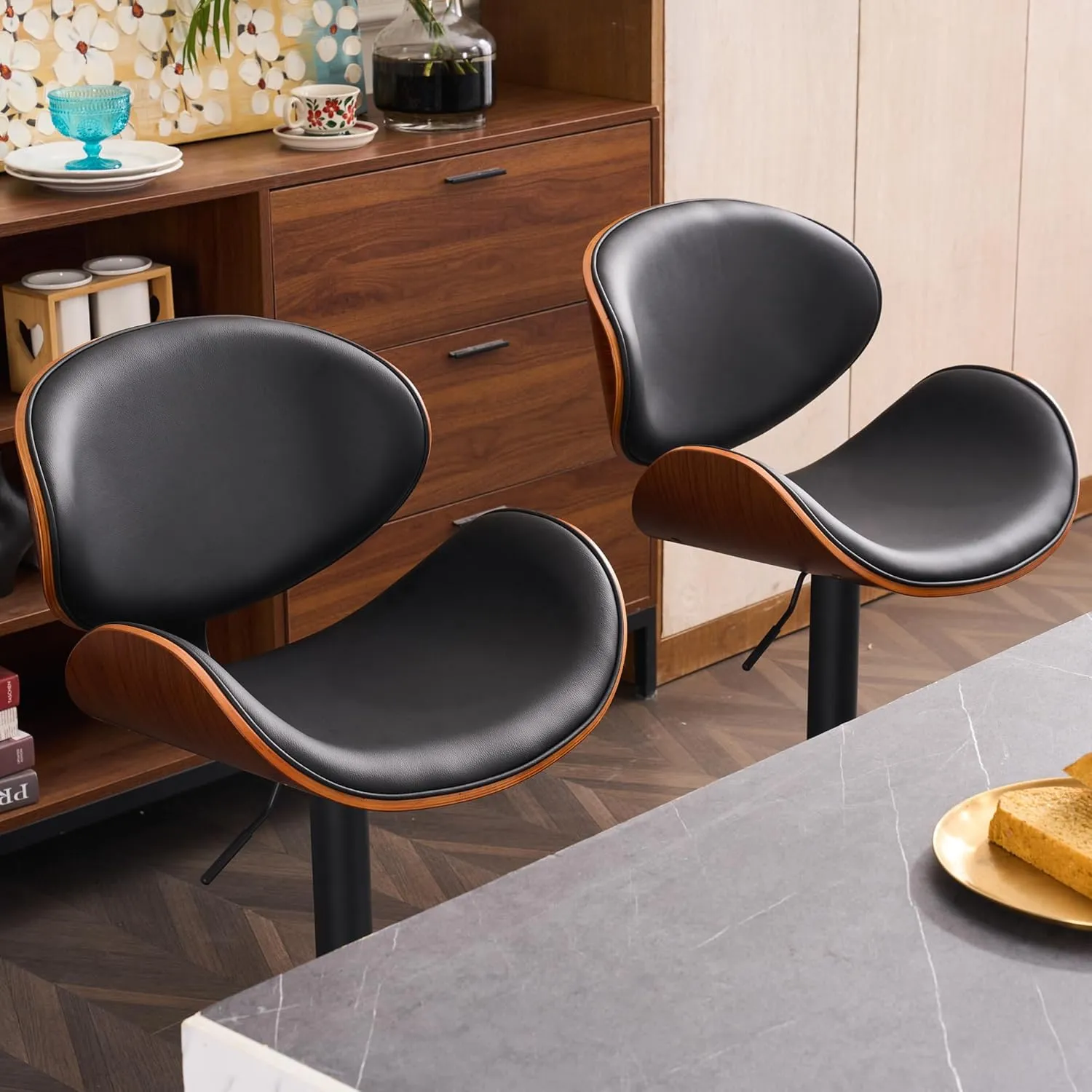 Kidol & Shellder Black 4 Large Bar Stools with Back 21" Wide Modern Swivel Adjustable Height Bar Chairs with Footrest PU Leather Upholstered Bentwood Barstools for Kitchen Counter Island 330LBS Load