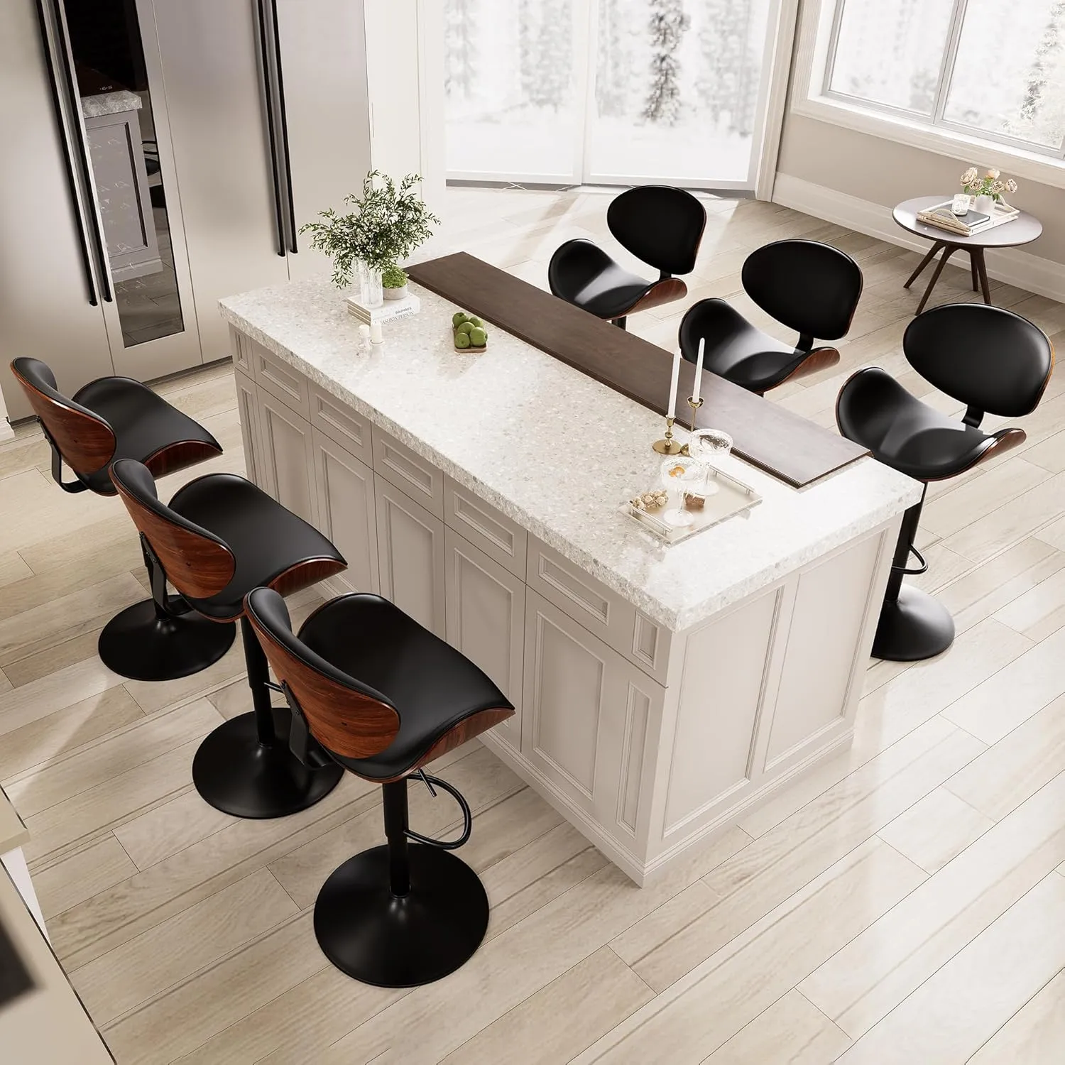 Kidol & Shellder Black 4 Large Bar Stools with Back 21" Wide Modern Swivel Adjustable Height Bar Chairs with Footrest PU Leather Upholstered Bentwood Barstools for Kitchen Counter Island 330LBS Load