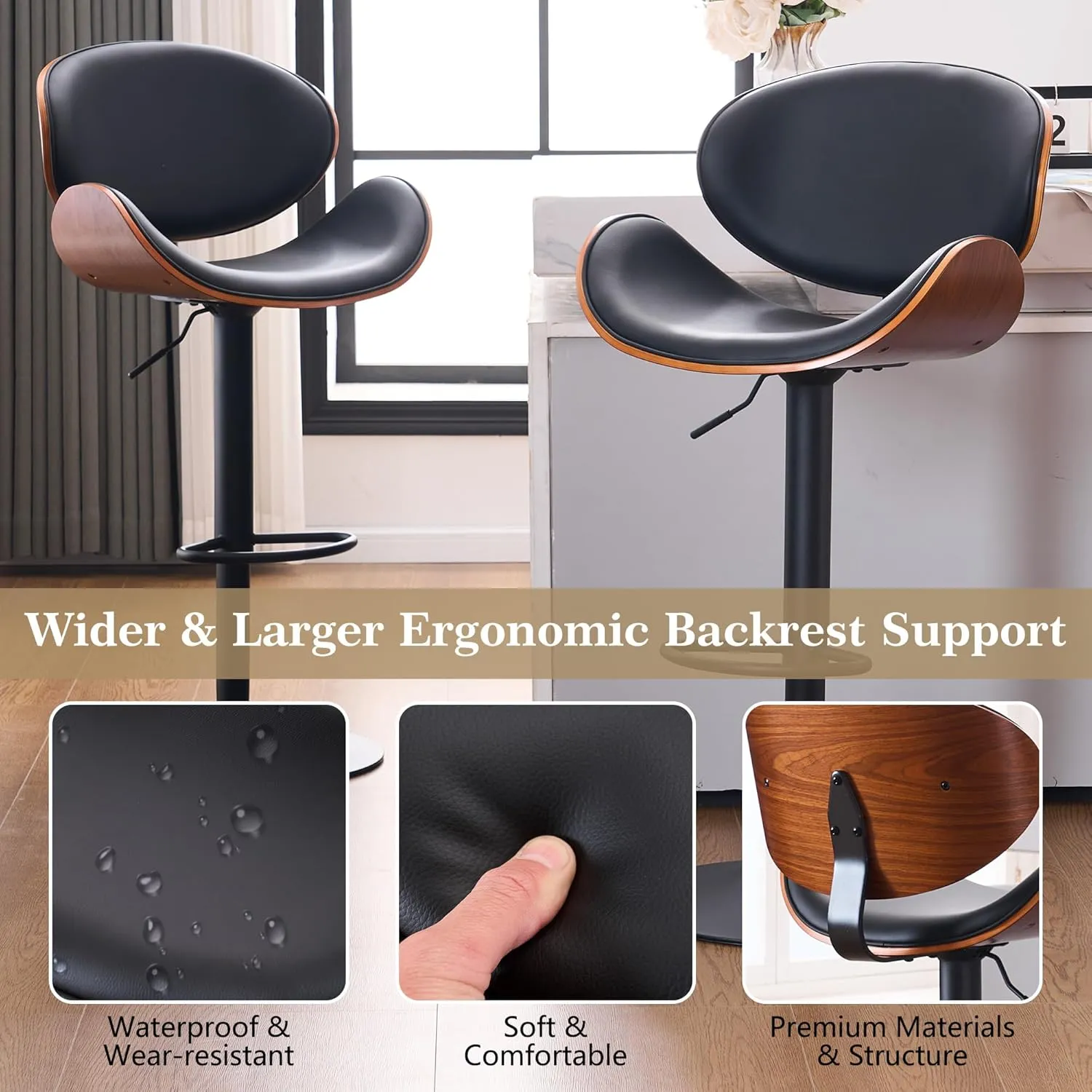 Kidol & Shellder Black 4 Large Bar Stools with Back 21" Wide Modern Swivel Adjustable Height Bar Chairs with Footrest PU Leather Upholstered Bentwood Barstools for Kitchen Counter Island 330LBS Load