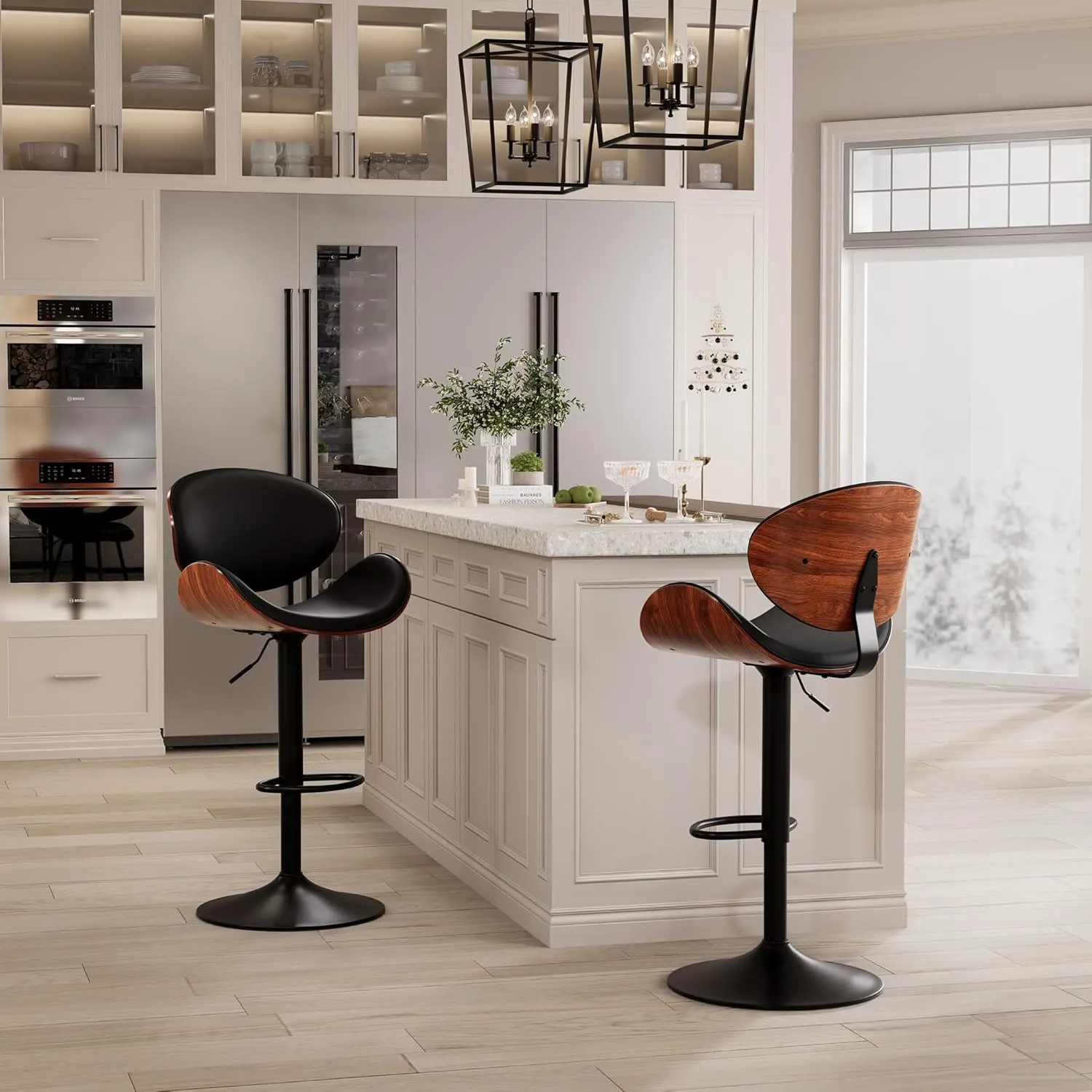 Kidol & Shellder Black 4 Large Bar Stools with Back 21" Wide Modern Swivel Adjustable Height Bar Chairs with Footrest PU Leather Upholstered Bentwood Barstools for Kitchen Counter Island 330LBS Load