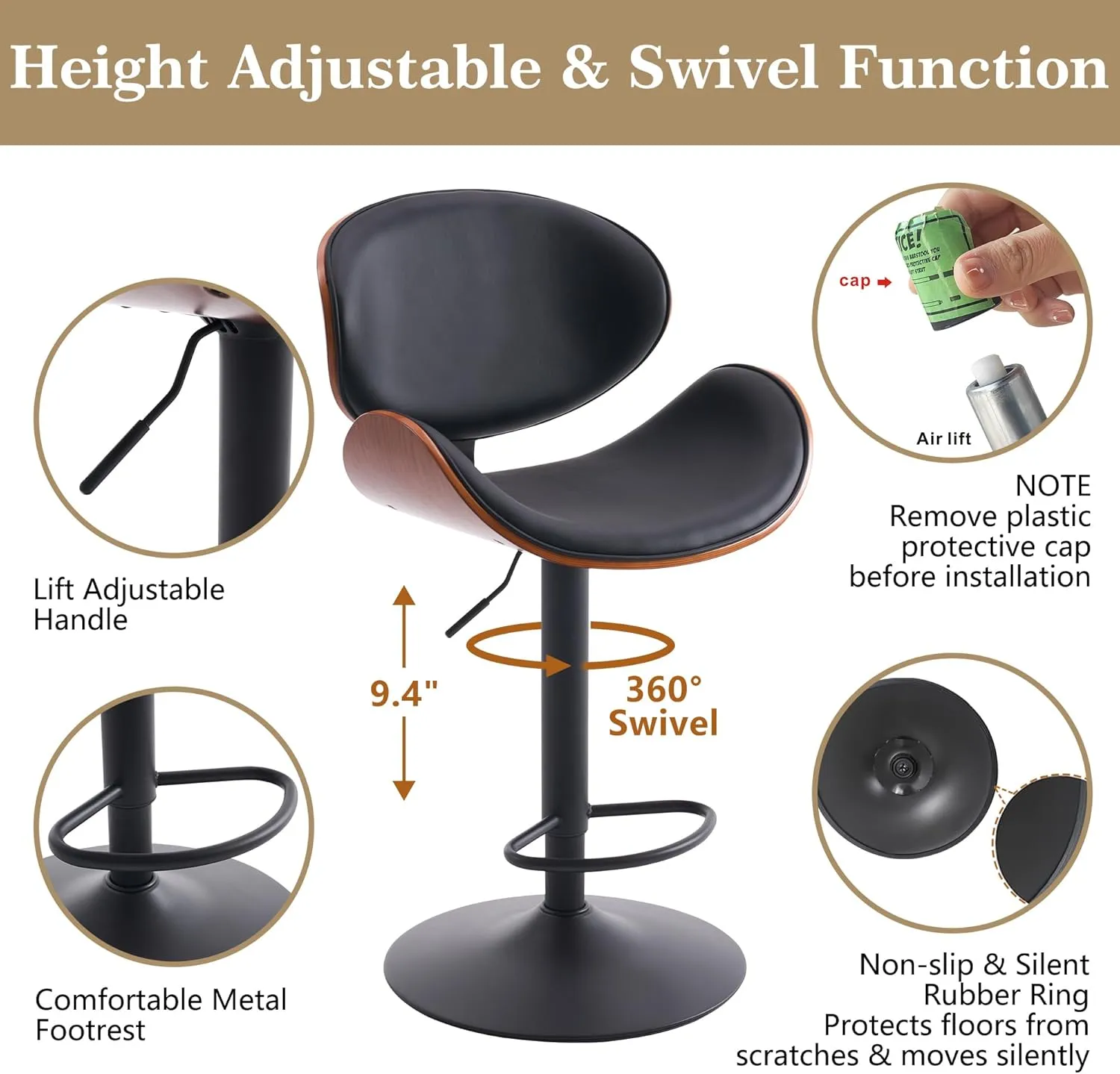 Kidol & Shellder Black 4 Large Bar Stools with Back 21" Wide Modern Swivel Adjustable Height Bar Chairs with Footrest PU Leather Upholstered Bentwood Barstools for Kitchen Counter Island 330LBS Load